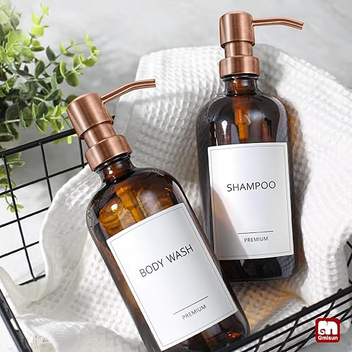 Miniatura 84 de GMISUN Dispensador de jabón de vidrio ámbar, paquete de 2 dispensadores de jabón de manos de baño con bomba de bambú, juego de dispensador de jabón