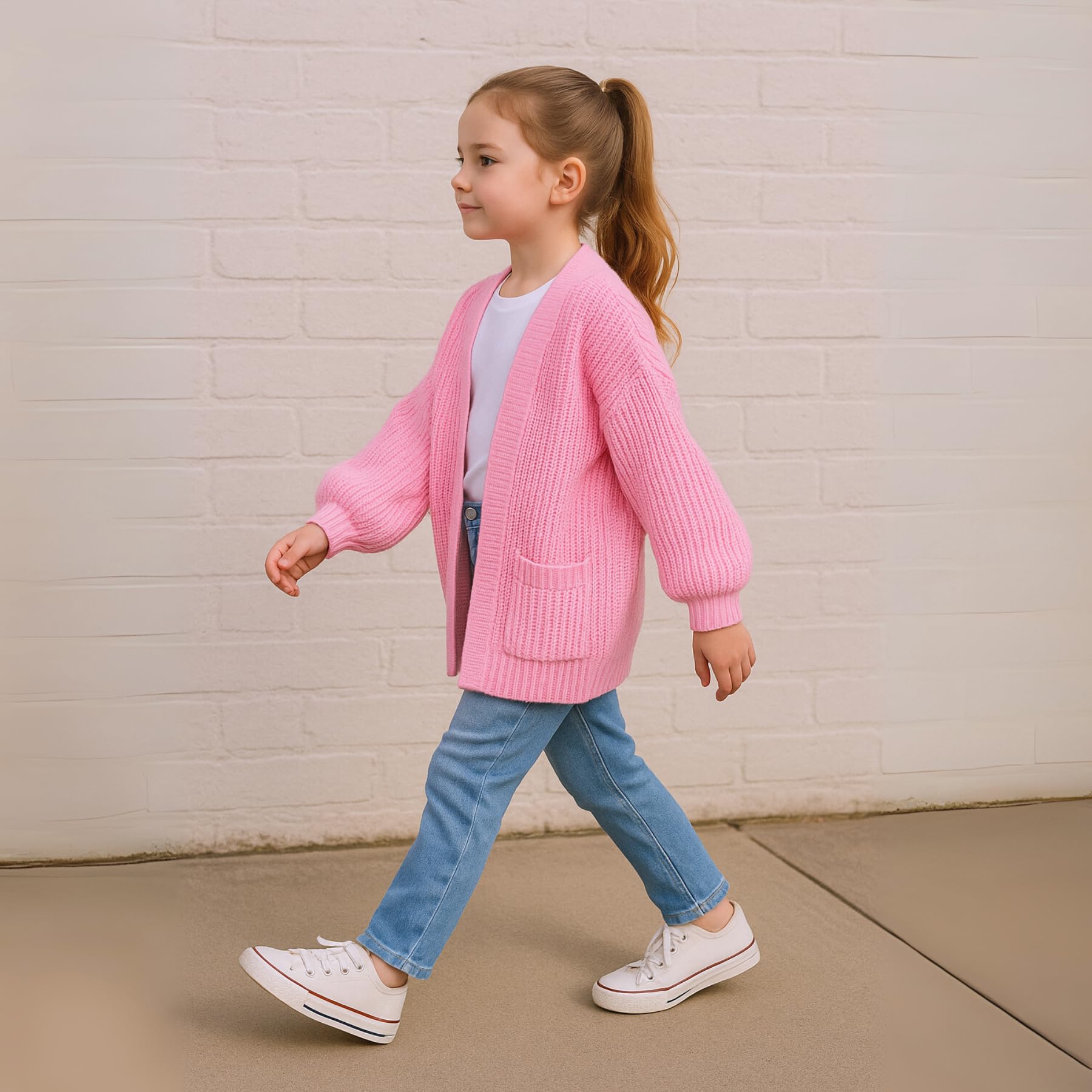 Cardigan da ragazza aperto sul davanti con maniche a palloncino, cardigan oversize lavorato a maglia grossa con tasche, caldo cardigan invernale autunnale, ragazze età 7-13 anni
