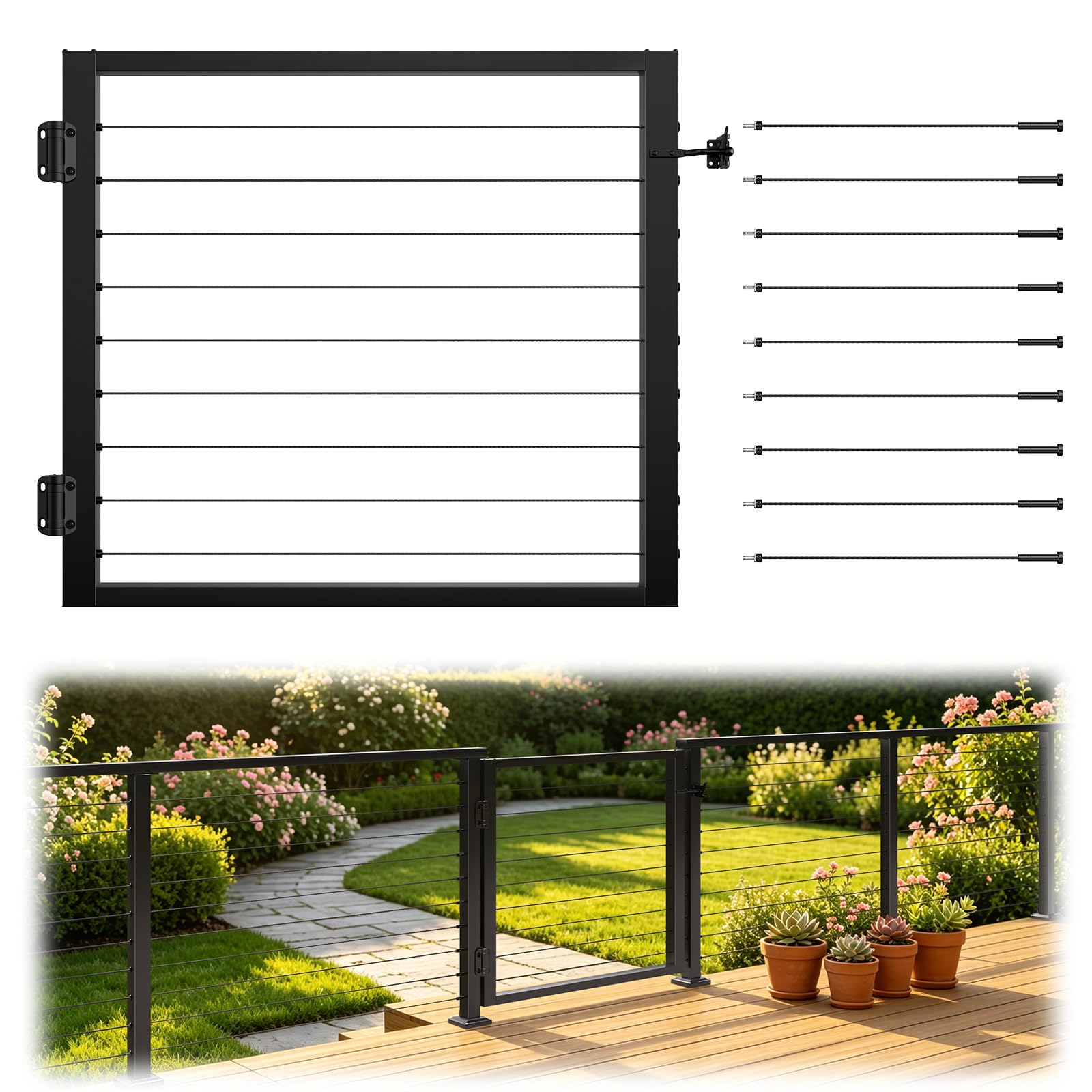 Photo 1 of ***STOCK PHOTO FOR REFERENCE ONLY **Aluminium Cable Railing Gate Black for Wood Metal 36" Cable Railing System Outdoor, 36" W X 32.5" H