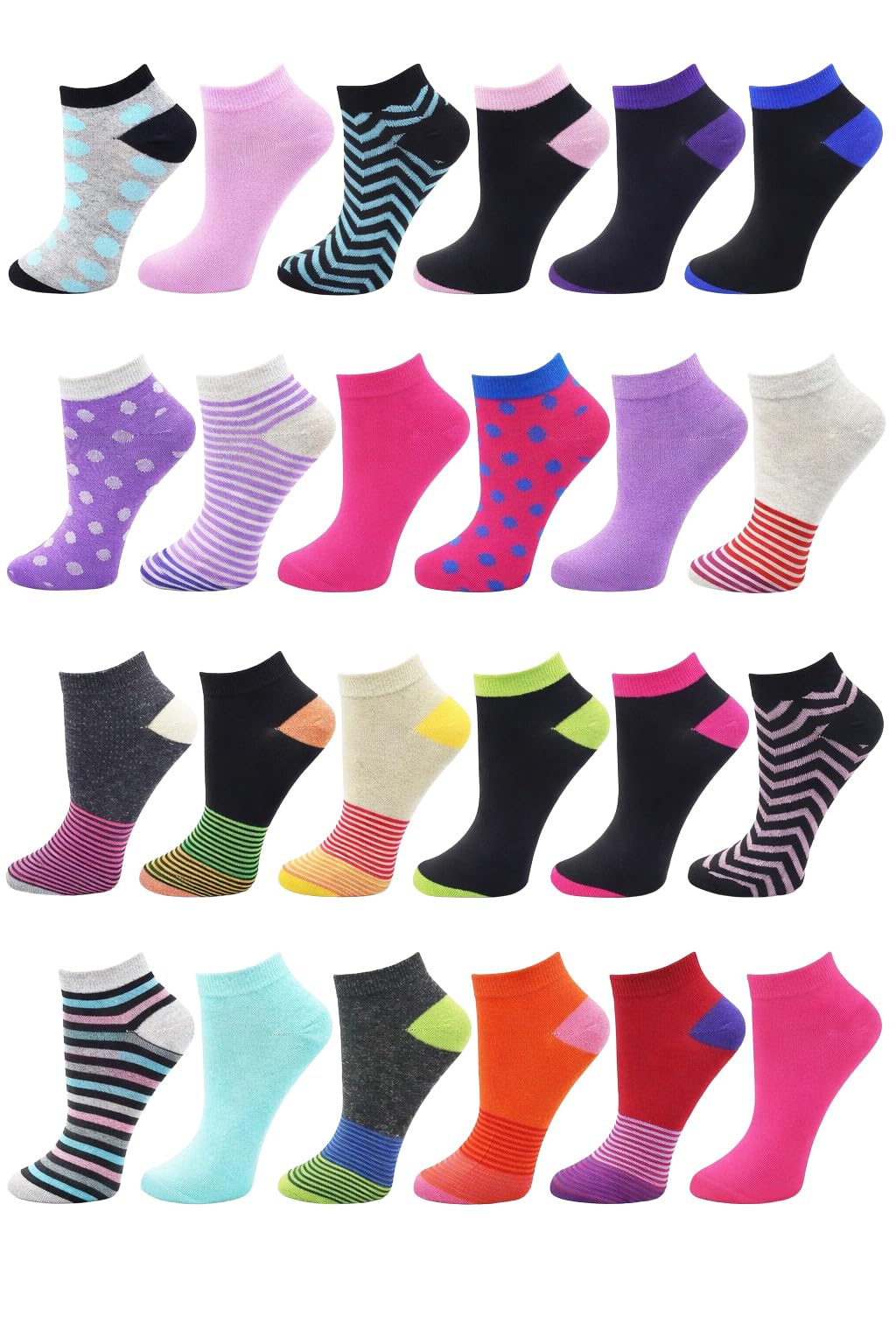 24 Pairs Ankle Socks for Women & Girls Bulk Pack, Fun Cute Low Cut No Show, Colorful Soft - - One Size