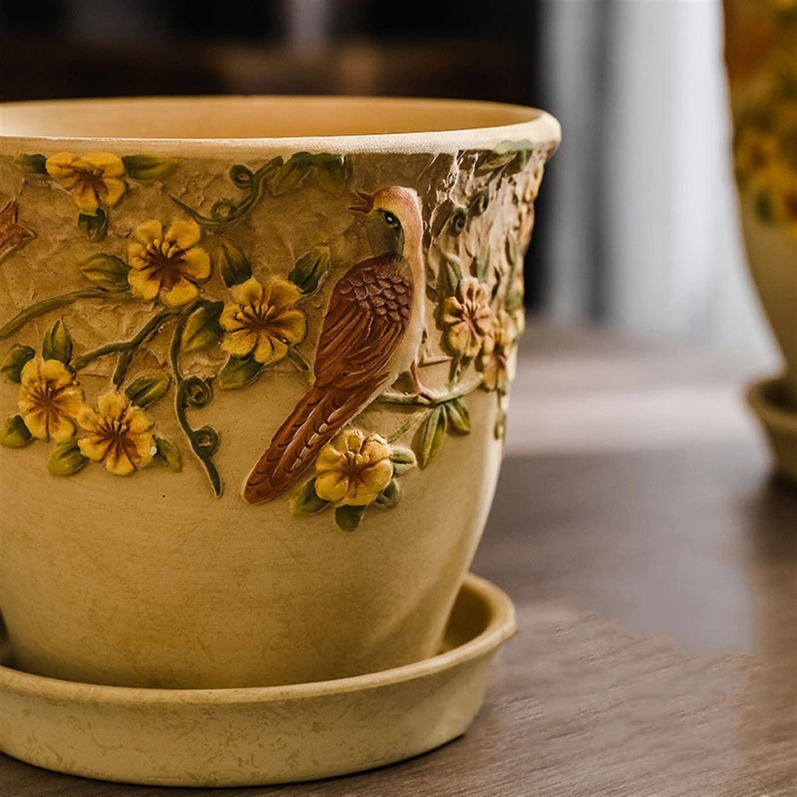 Doniczka kwiatowa Ceramiczna doniczka z tacą kreatywna ulga ręcznie malowana doniczka w stylu retro duża doniczka z otworem spustowym taca Doniczki na Rośliny (Size : S)