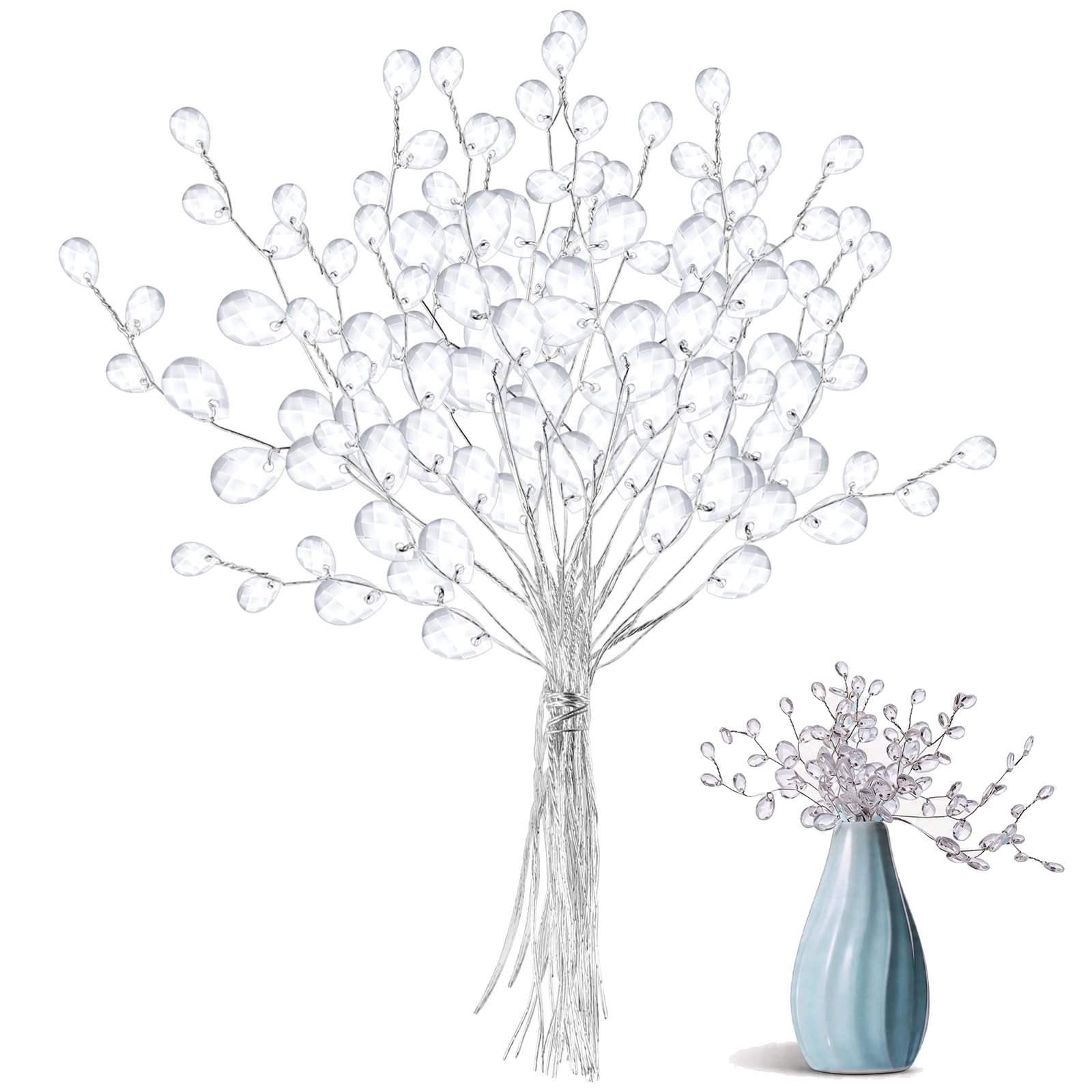 VOSAREA 50 tallos artificiales ramos de cuentas de acrílico gotas de flores para bodas, manualidades (blanco, 17 cm)
