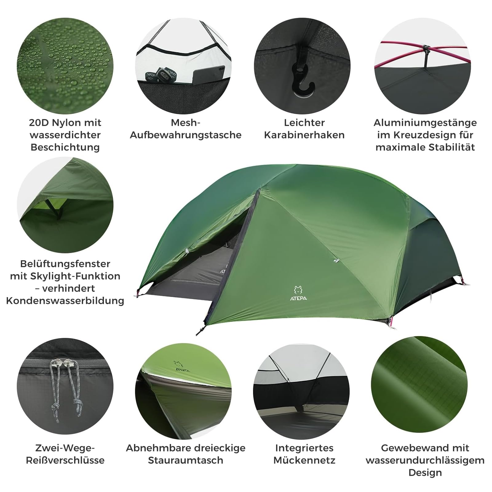 ATEPA Ultraleicht Zelt 2 Personen 1.9kg Wasserdicht & Windschutz, Camping Zelt Abtrennbares Mesh-Innenkonto mit Vorbau für Trekking Camping Bikepacking Outdoor Wandern