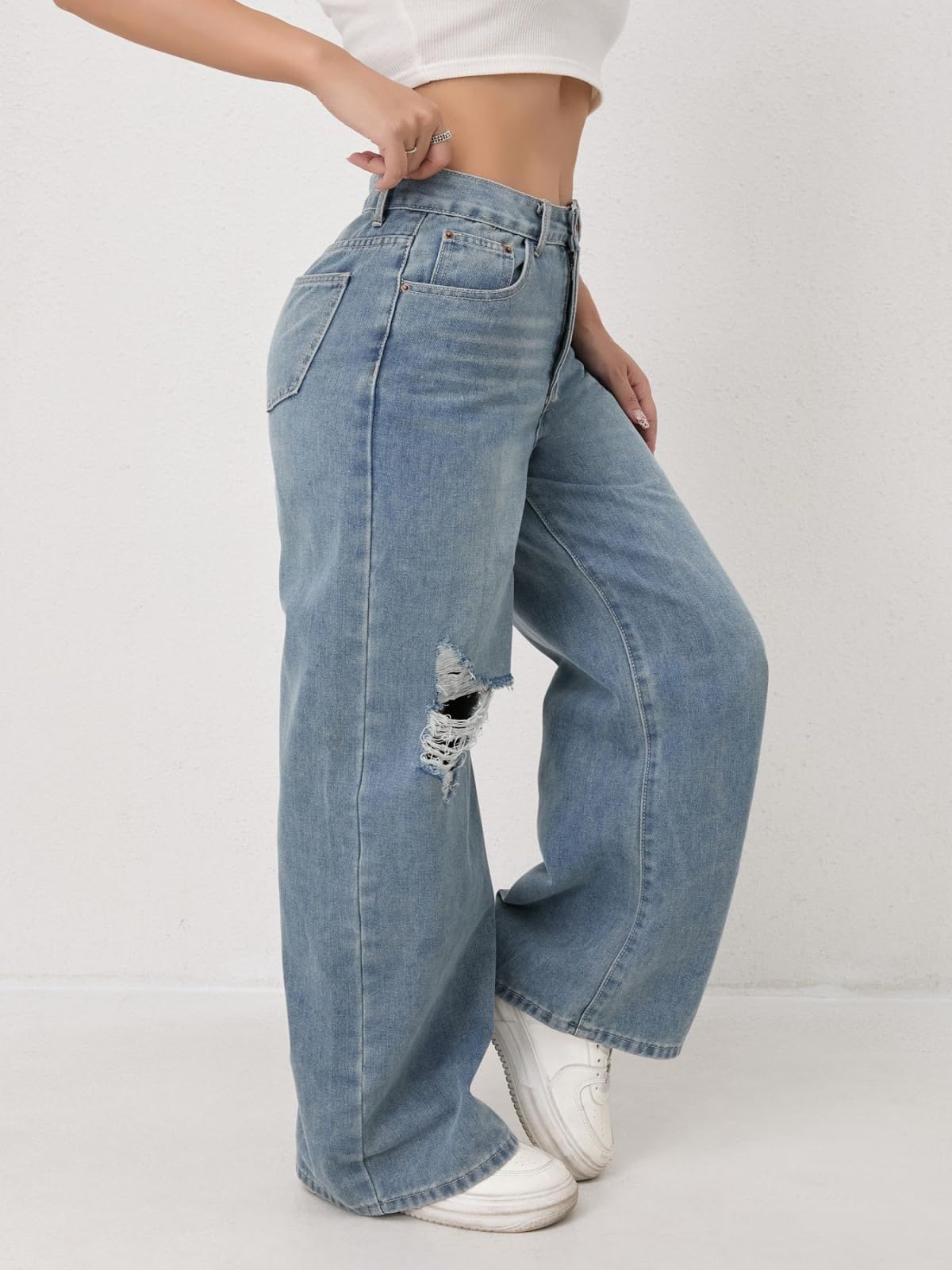 Jeans Donna Strappati A Gamba Retta, Comodi, Eleganti E Versatili per Le Donne -Blu Chiaro-l