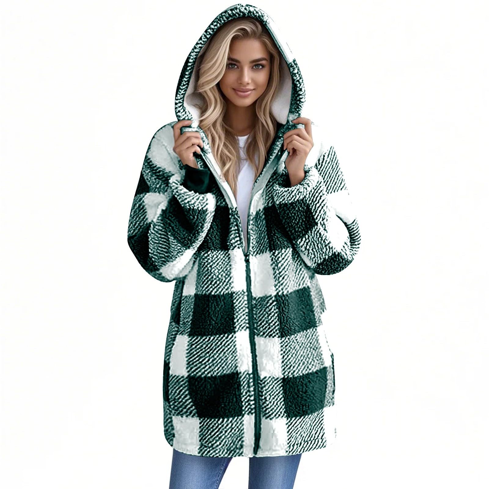 Teddyjacke Damen Mit Kapuze Winterjacke Kariert Plüschjacke Flauschig
