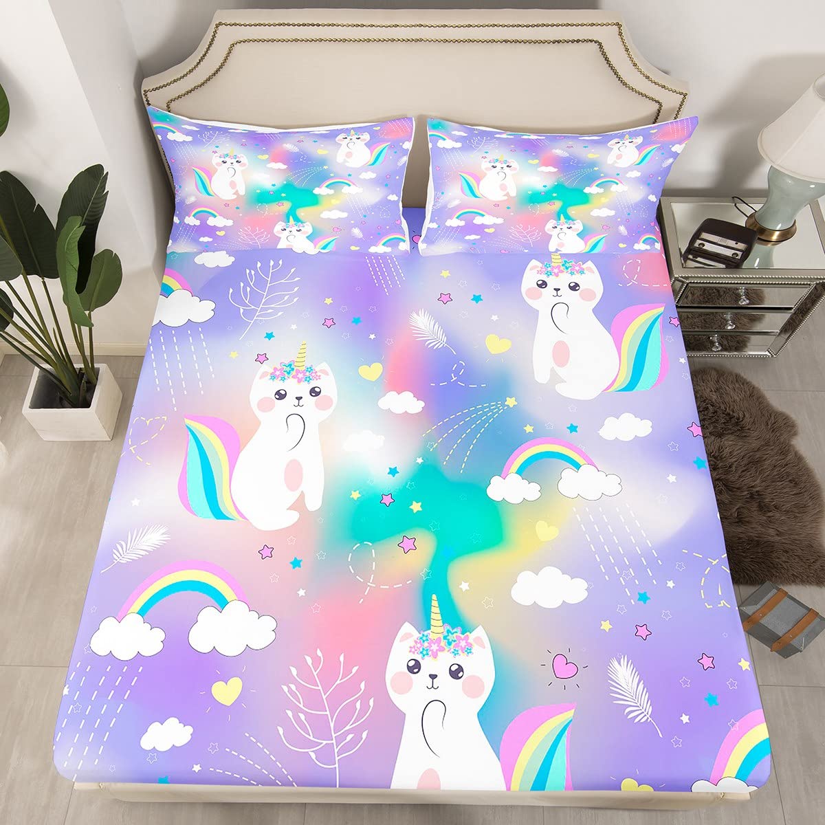 Kitten Unicorn Fitted Sheet Single Size, Kawaii Cat Unicorn Bed Cover with 1 Pillowcase