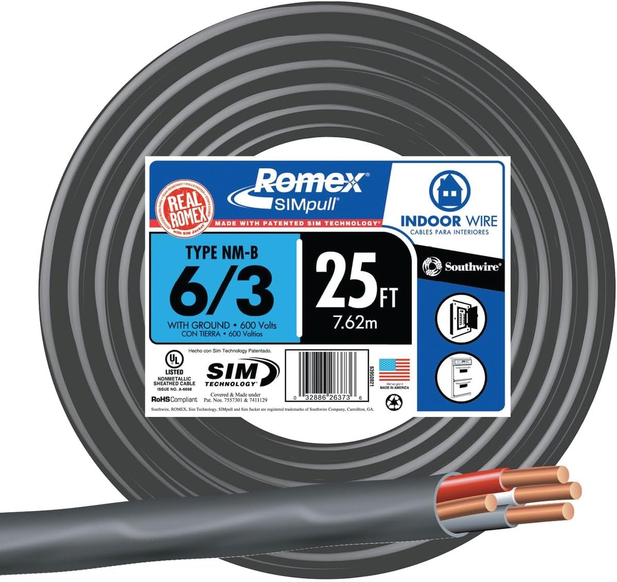 Woods SOUTHWIRE COMPANY LL 63950021 25' 6-3 NMW/G WIRE, 25 Feet
