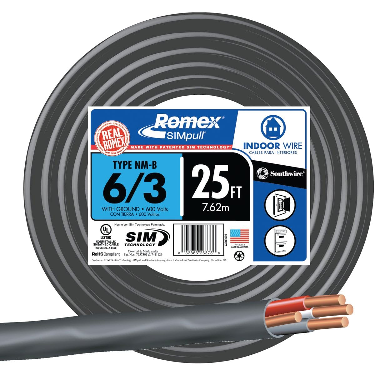 Woods 63950021 25' 6-3 NMW/G Wire