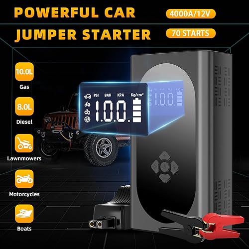 Miniatura 2 de Q12 4000A 150PSI Arrancador con compresor de aire, paquete de batería de arranque (hasta 10.0L de gasolina8.0L diesel), con pantalla grande,