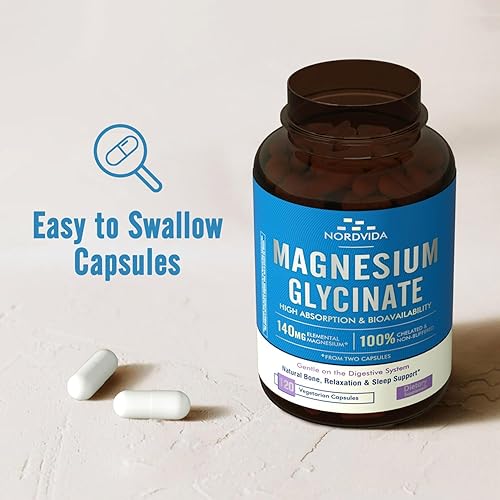 Miniatura 6 de Glicinato de magnesio, 140 mg de magnesio elemental por porción, no tamponado, absorción máxima, apoyo para la salud nerviosa y relajación, 120