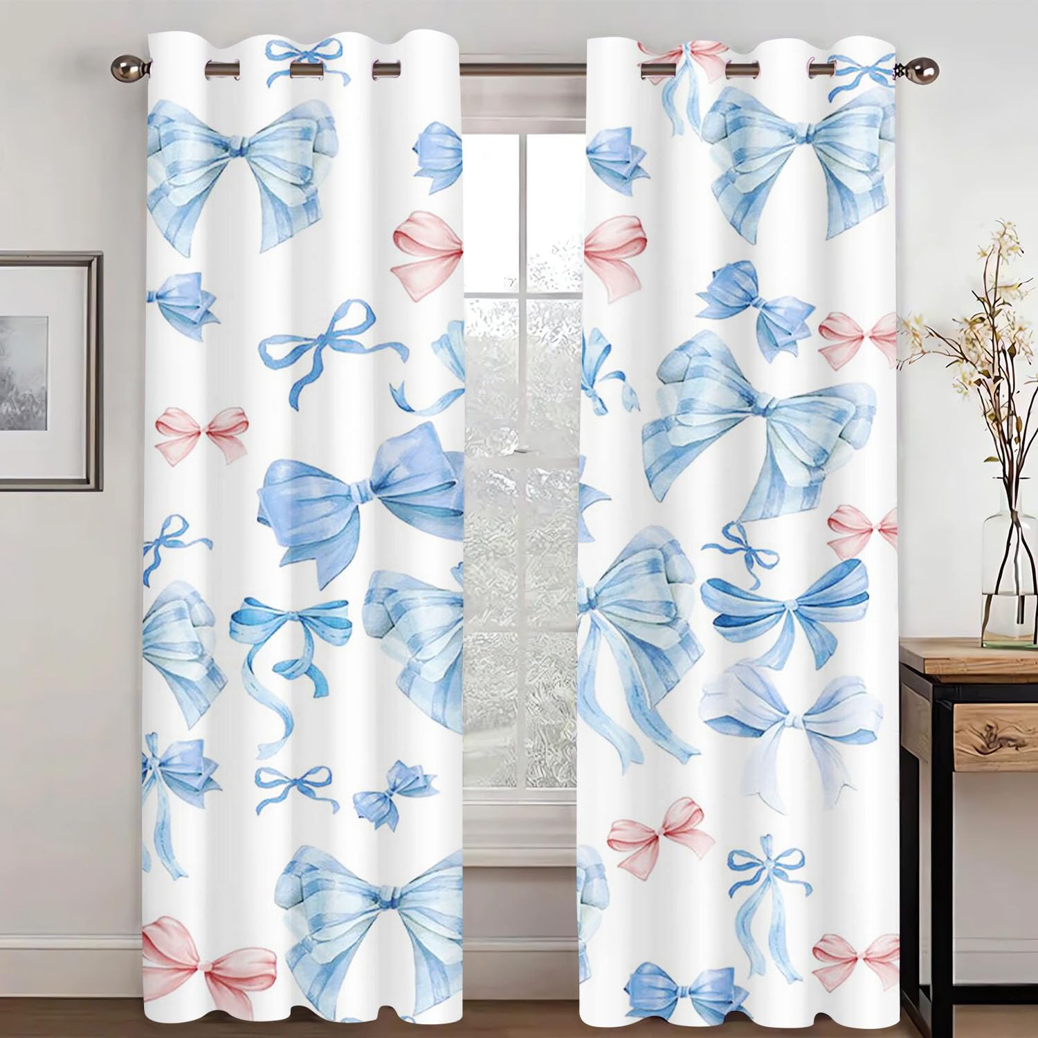 SHROUDEX Blackout Curtains with Ties, 3D Pink Bow Children's Room Curtains, Colourful Butterfly Curtains for Living Room (5,100x140cm(2x50x140cm))