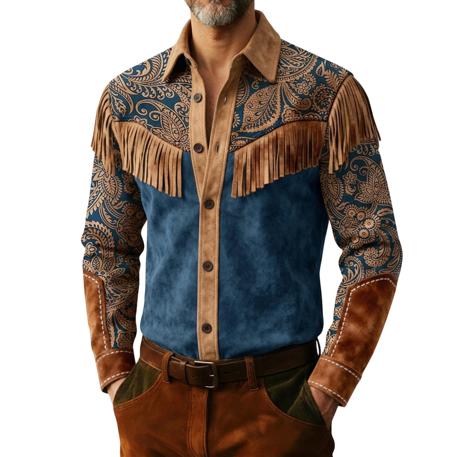 Cowboy Outfit Men's Western Shirts Suede Fringe Jacket Button Placket Long Sleeve Work Fringe Shirt Hippie Outfits Carnival Western Shirt Retro Style Casual Button Down Lapel Collar Shirt, O dark blue