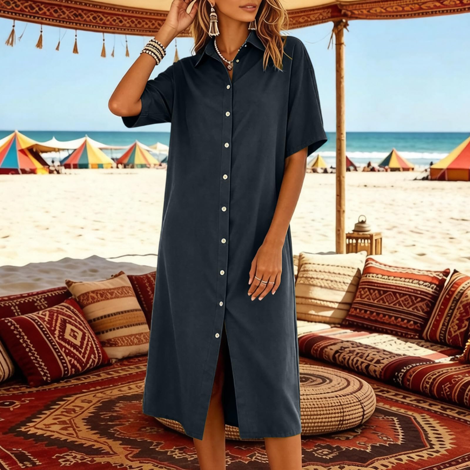 Vestido Camisero Informal de Manga Larga para Mujer, Vestidos Verano Mujer Manga Corta Verano Mujer Vestidos