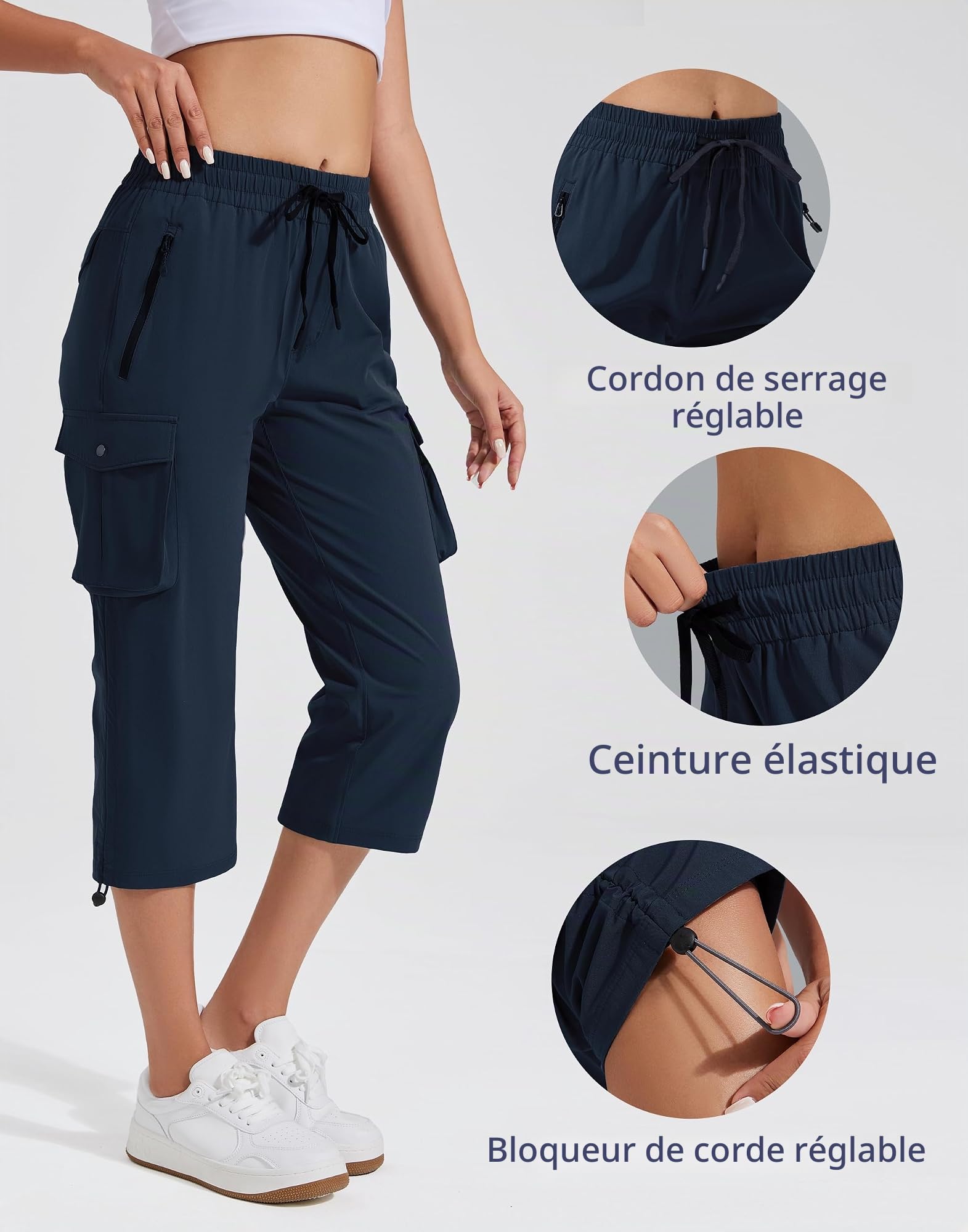Pioneer Camp Pantacourt Femme Été Leicht Pantalons 3/4 Cargo Occasionnel Pantalon Corsaire Ceinture Élastique Capri RandonnéE avec 6 Poches