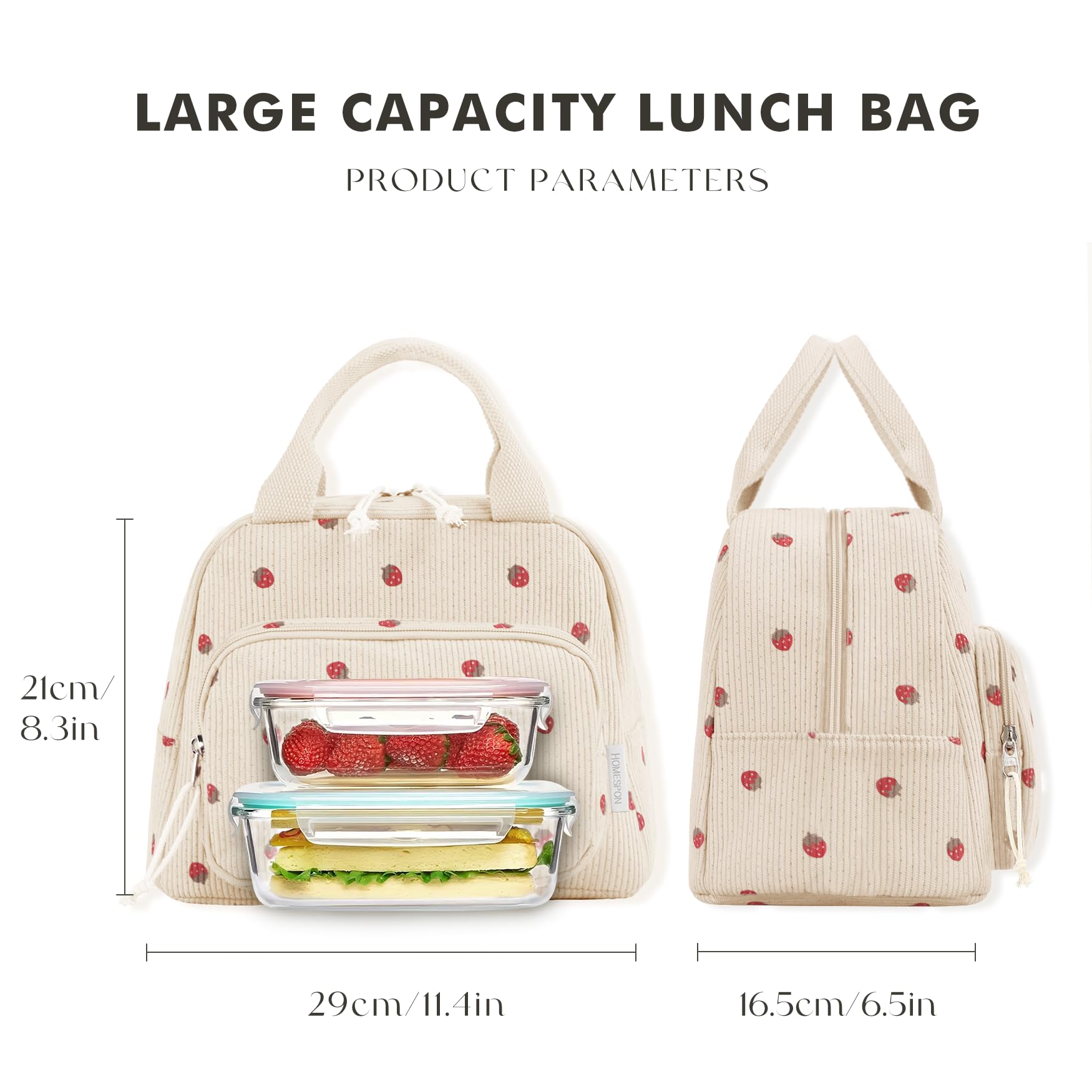 HOMESPON Insulated Lunch Bag for Women Men Adult Cute Corduroy Cool Bag Lunch Box Container Large Capacity Lunch Tote for Work School or Picnic(Beige Strawberries) - Image 3