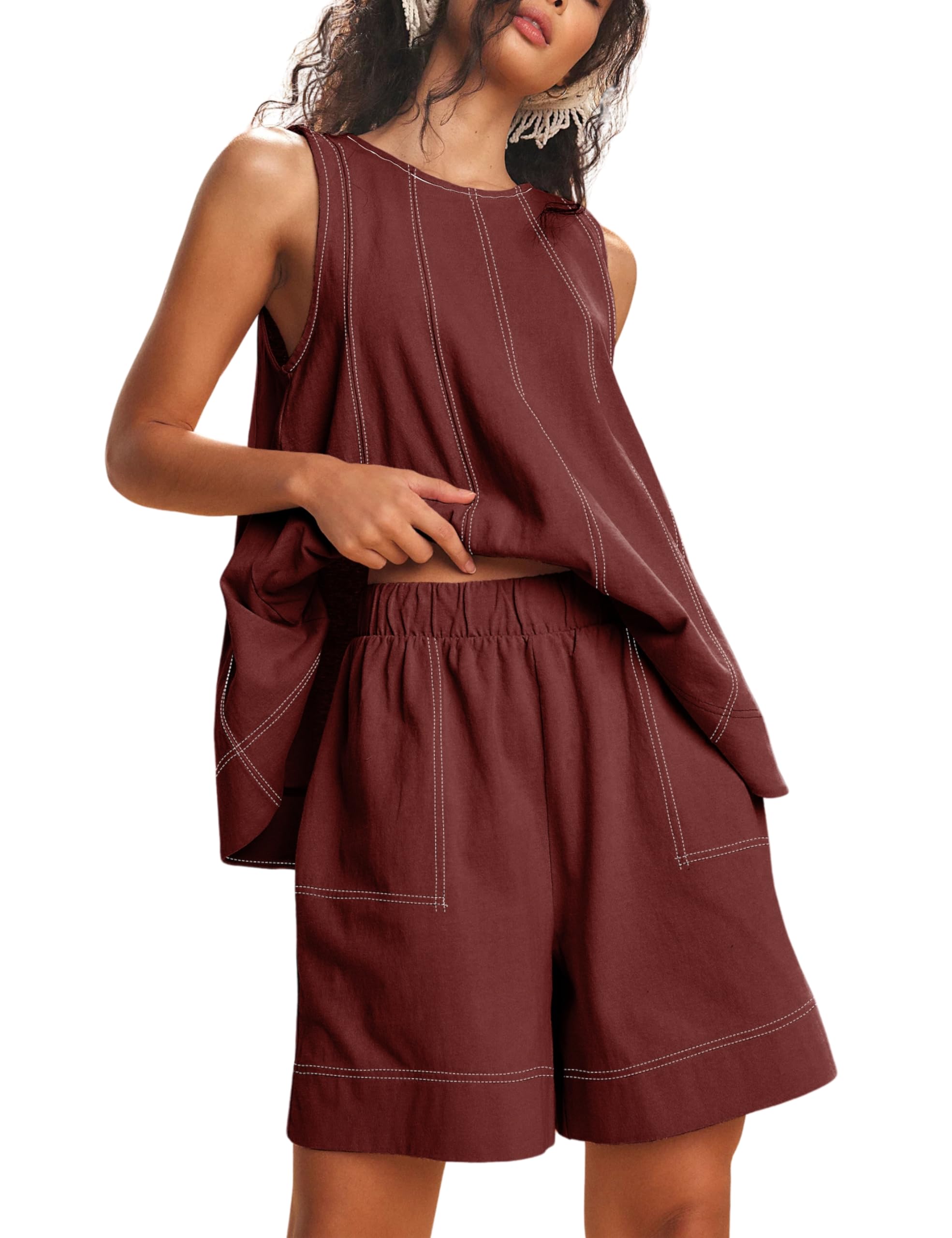 Gozoloma Womens 2 piece Outfits Sleeveless Matching Sets A Line Tank Tops Contrast Stitching High Waist Shorts with Pockets
