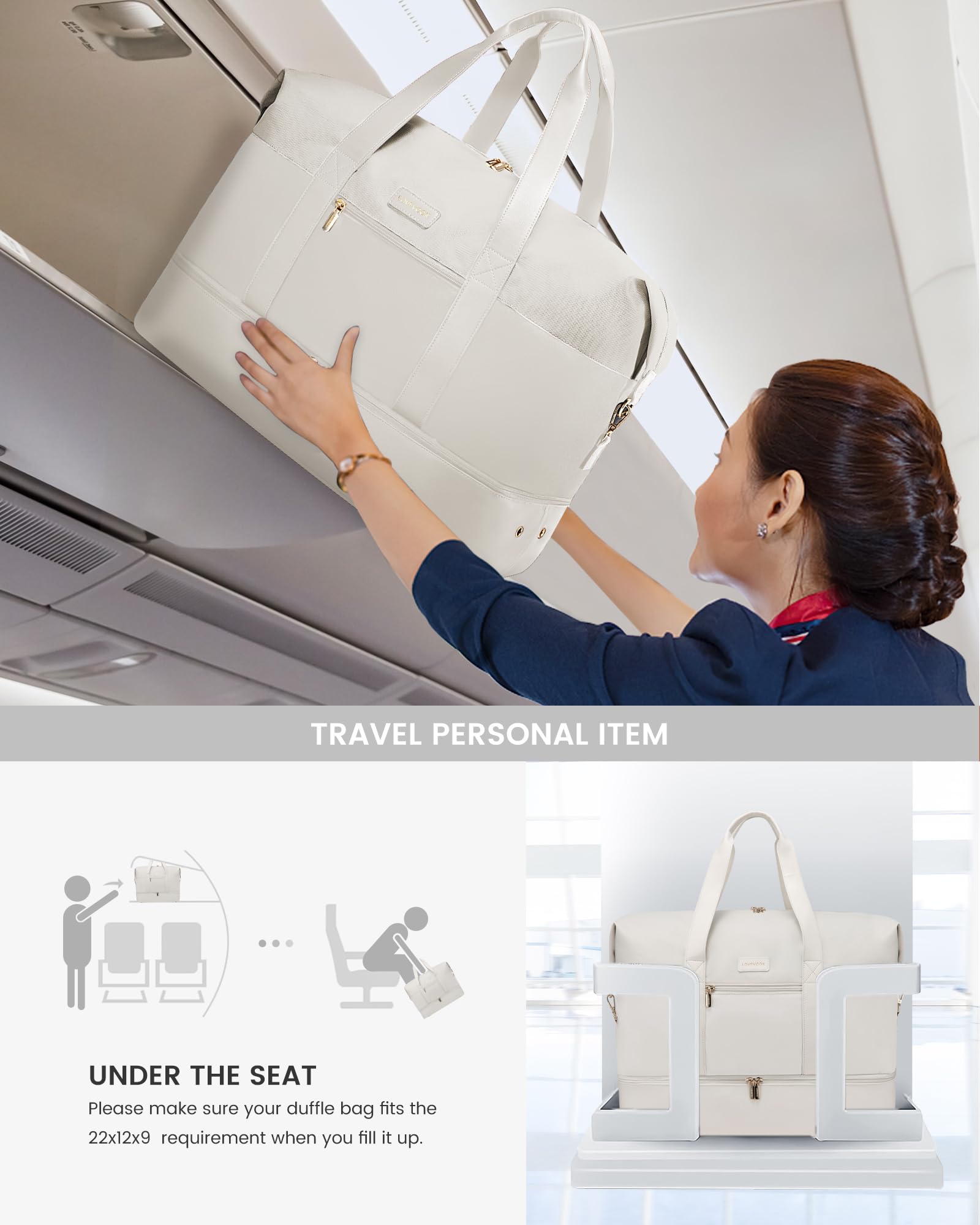 LOVEVOOK Weekender Reisetasche Damen, Sporttasche Handgepäck Tasche 45x36x20, Groß Kliniktasche Geburt, Travel Bag Duffle Bag mit Kulturtasche Schuhfach für Flugzeug Reisen, Beige