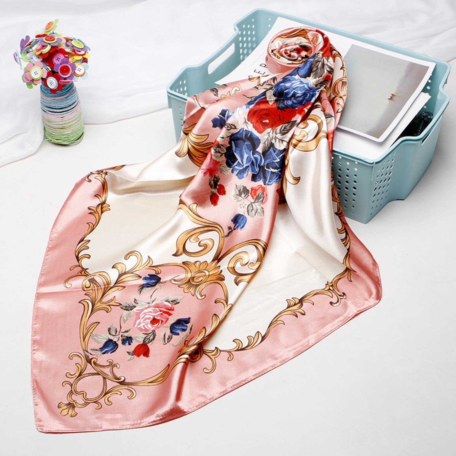 Bufanda Moda Estampado Floral Pañuelo para el Cabello para Mujer Pañuelo Seda Satén Hijab Bufandas 90 * 90Cm Chal Cuadrado Diadema Bufandas para Damas (Azul Cielo 90X90cm)