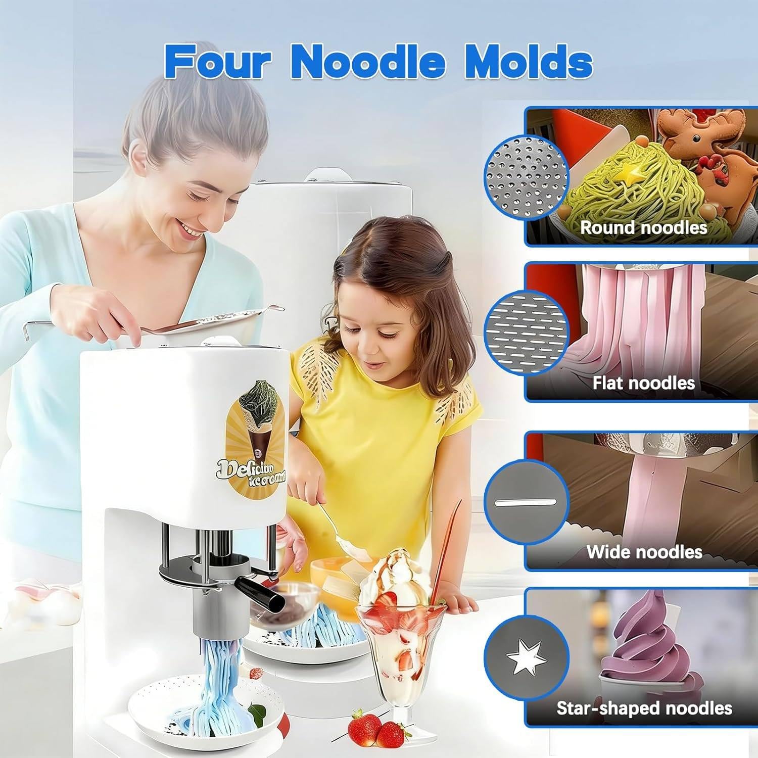 Macchina professionale per gelato a spaghetti, gelatiera professionale in acciaio inox da 80 W con 4 stampi per pasta, macchina per dessert versatile 4 in 1, pressa per gelato a spaghetti White