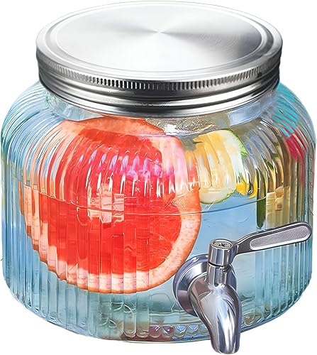 Dispensador de bebidas de vidrio dorado de 0.8 galones (2.8 litros) para refrigerador con espita, boquilla y tapa de acero inoxidable dorado, tarro