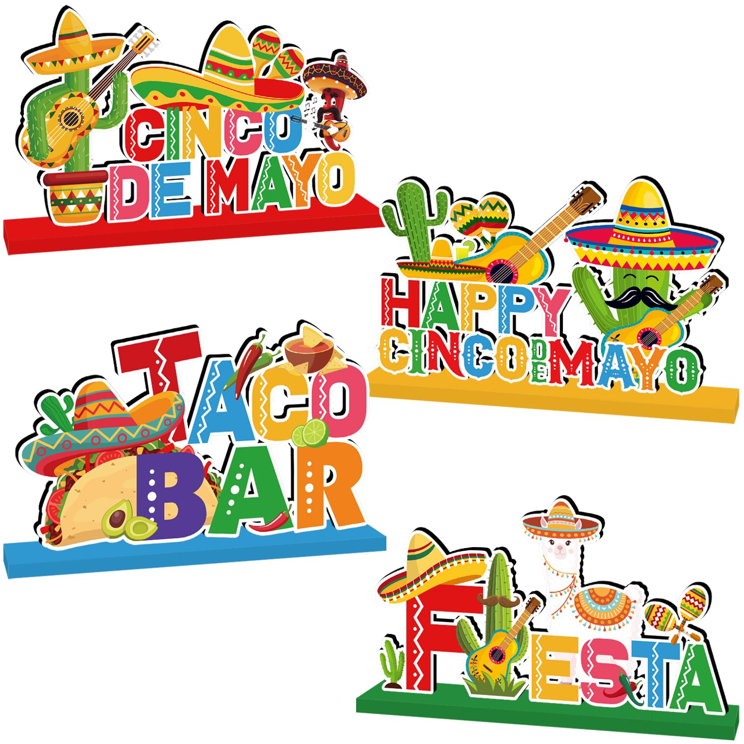 4pcs Fiesta Cinco De Mayo Party Decorations Wood Table Centerpieces Happy Cinco De Mayo Table Decor for Mexican Fiesta Party Taco Bar Mexican Style Party Table Sign
