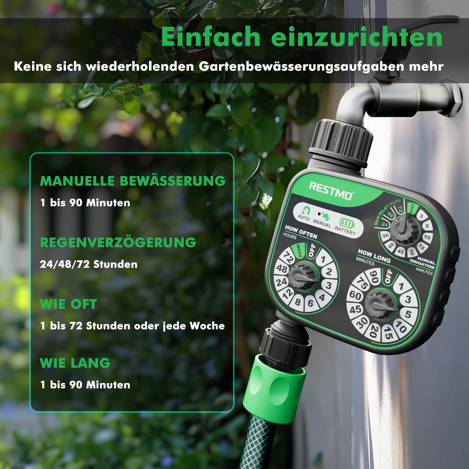RESTMO Wasserzeitschaltuhr, Zeitschaltuhr mit 3 Zifferblättern, Muti-Funktions Bewässerungssteuerung, 3 Bewässerungsmodi, perfekt für Gartenschlauch, Außenwasserhahn, Rasen-Bewässerungssystem, Schwarz