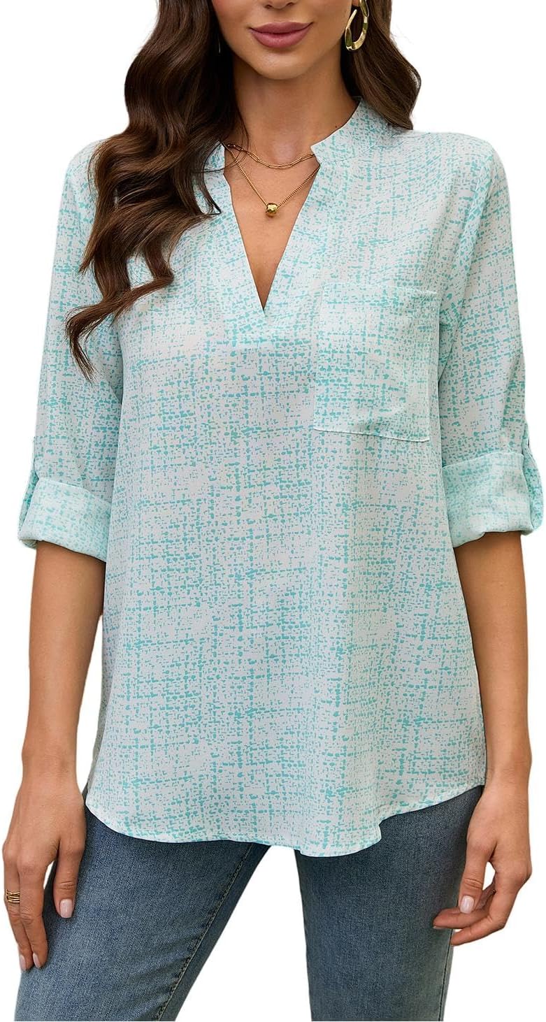 Women's Casual V-Neck Shirt Long Sleeve Button Work Tops Business Casual Summer Floral Tops