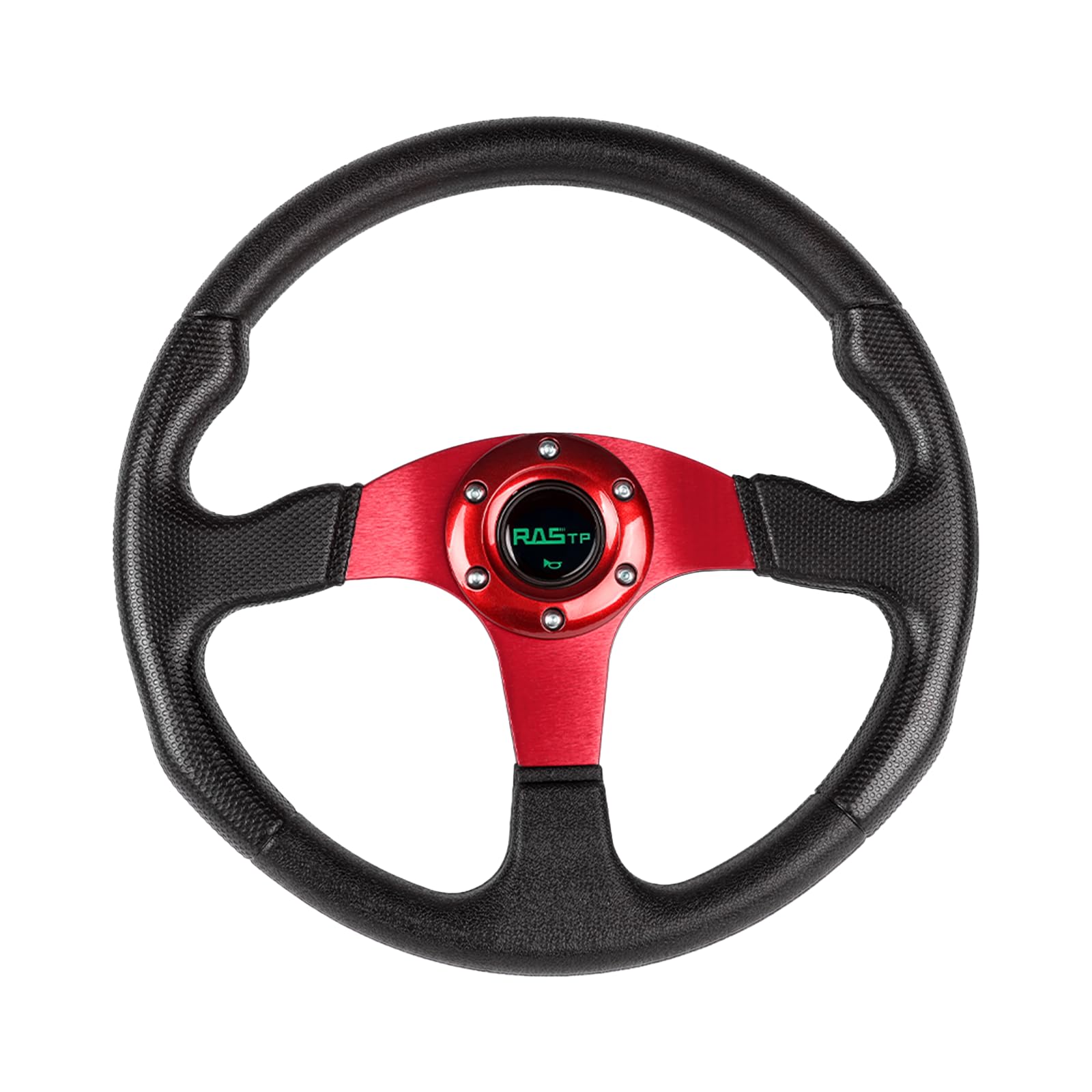 Volante de carreras universal RASTP de 13,8" y 350 mm, con agarre de 6 pernos, de vinilo y cuero, de aluminio y botón de bocina para coche, color rojo