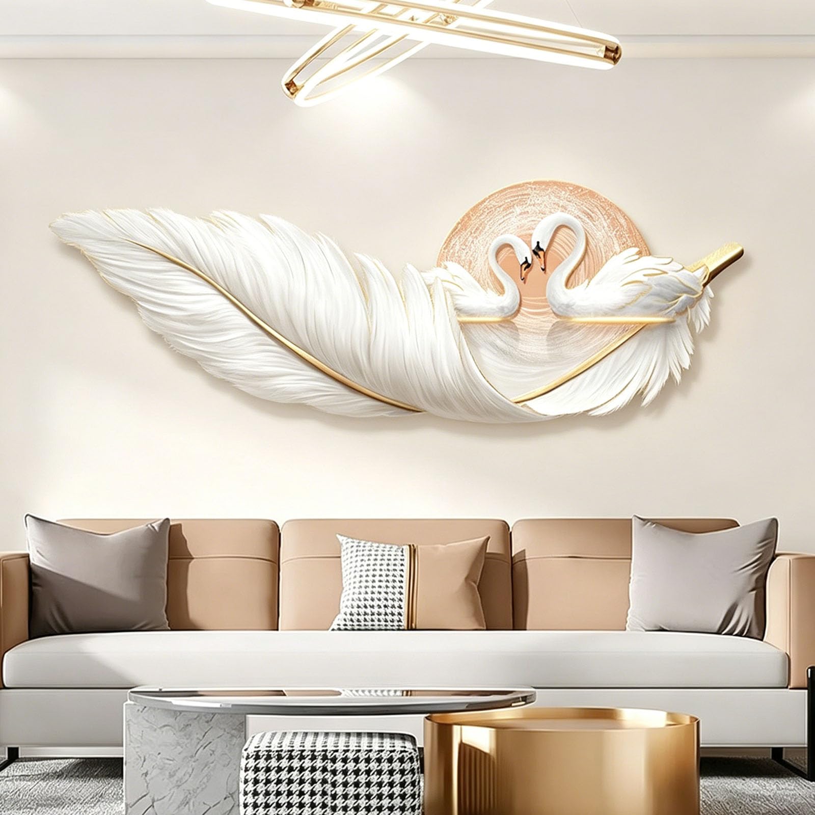 JSLXNDM 3D LED Wall Art Sculpture Lighted Decor, Modern Wall Art Feather & Deer Painting, Decorative Backlit Wall Hanging for Living Room, Bedroom Entryway Hallway F 47.2" × 15.7" (120×40 cm)