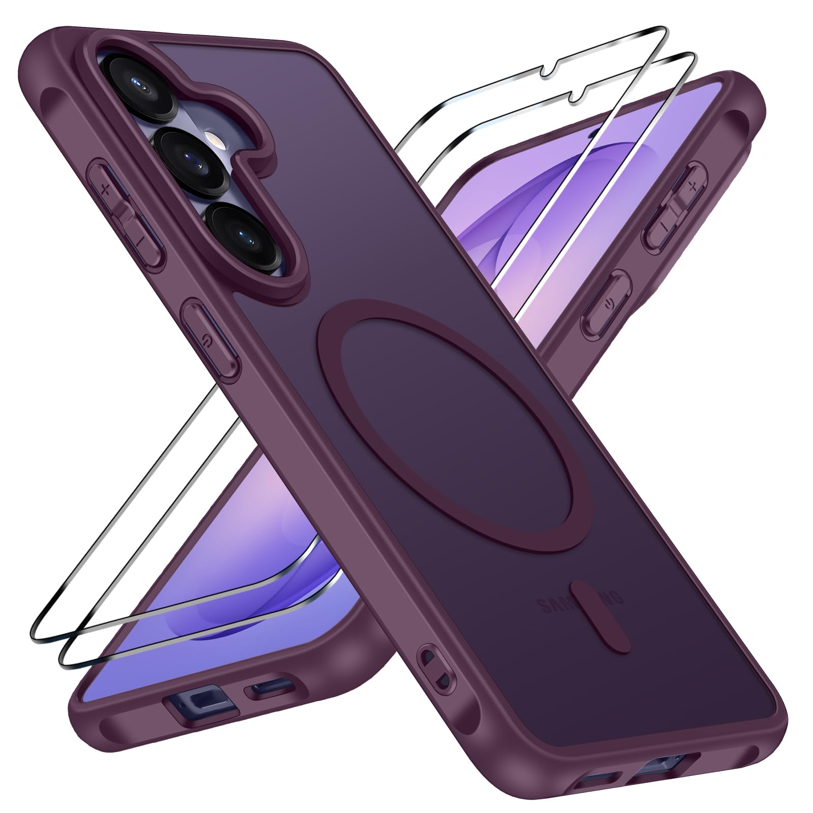 ivoler für Samsung Galaxy S26 Hülle, 1 Magnetisch Handyhülle mit 2 Stück Panzer Schutz Glas, [Kompatibel mit MagSafe] [Militärnorm Sturzschutz] Stoßfest Schutzhülle Silikon Case Matt Rotwein