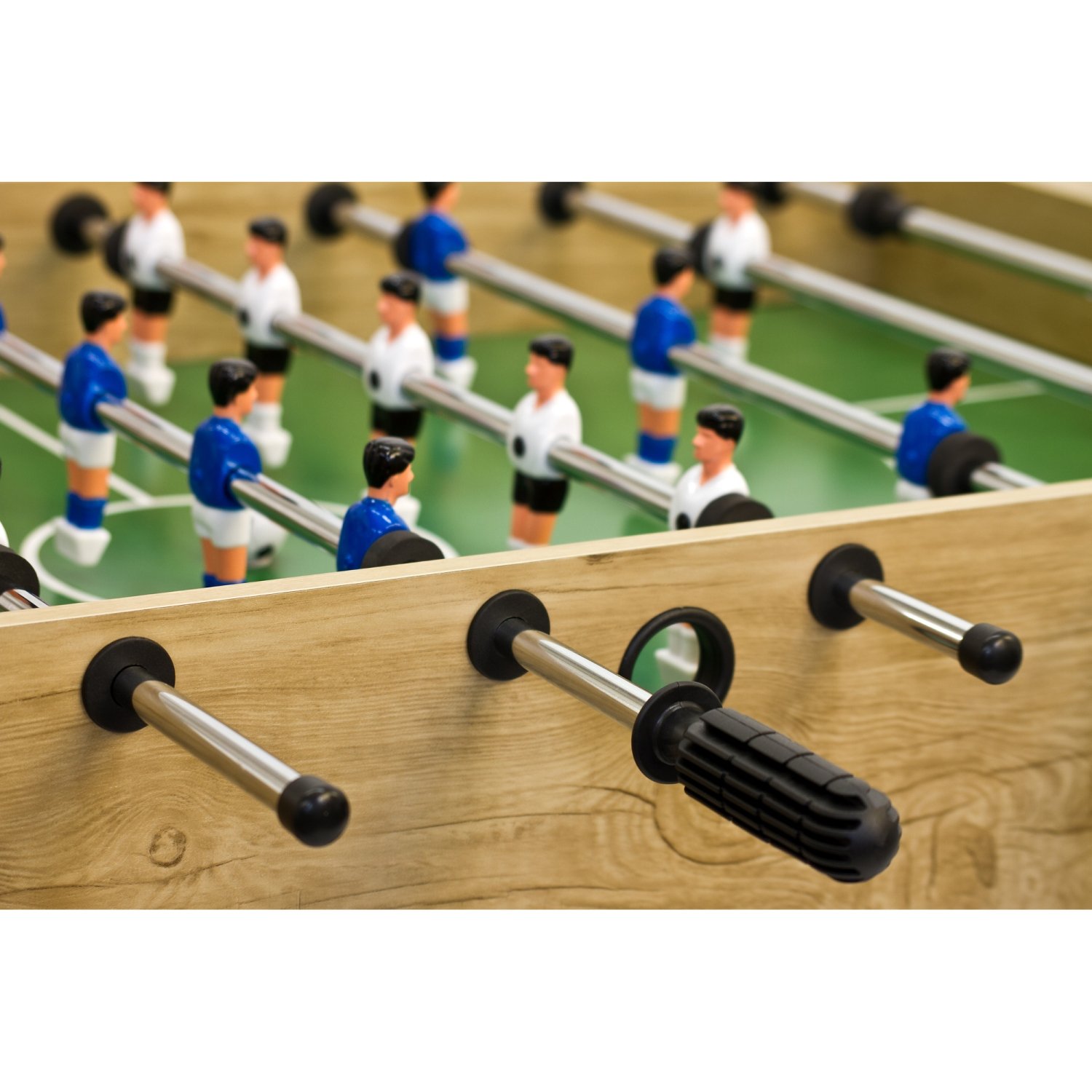 GAMES PLANET Tischfussball „Belfast“, klappbar, Farbvarianten: Schwarz/weiß/Holzdekor hell oder Dunkelbraun/Soccer, nahtlos hochgezogene Spielfeldecken, inkl. 2 Bälle, Kicker Kickertisch Tischkicker