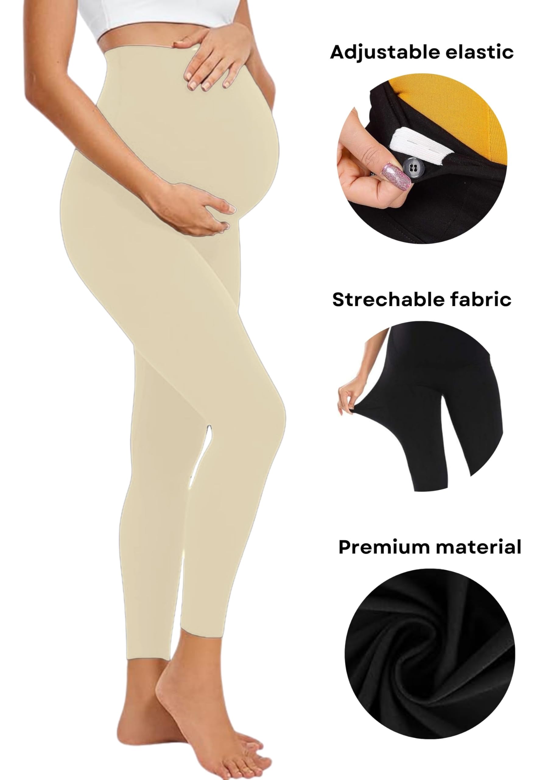 Litelooks Women's Cotton Lycra Over Belly Maternity Leggings - Comfortable, Seam-Free, High Waist Support, Stretchable Pregnancy Pants for Pre & Post Pregnancy (in, Alpha, 2XL, Regular, BLK-BEGE) - Image 2 thumbnail