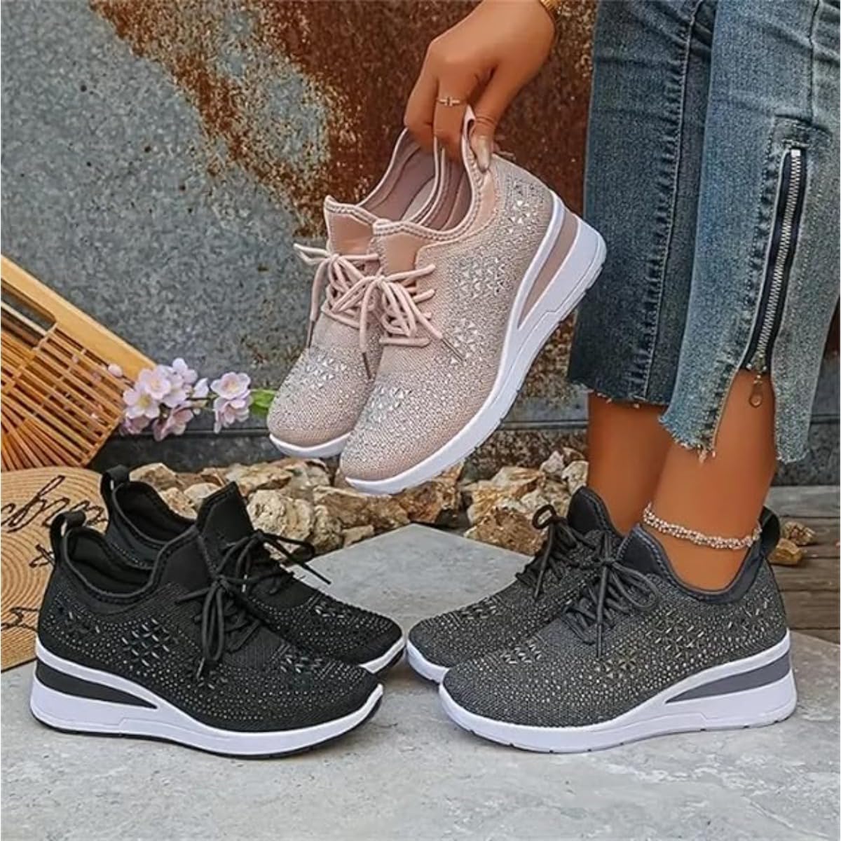 Tenis de cuña transpirables con diamantes de imitación brillantes para mujer, zapatos deportivos ortopédicos brillantes para boda, zapatos de tenis de punto