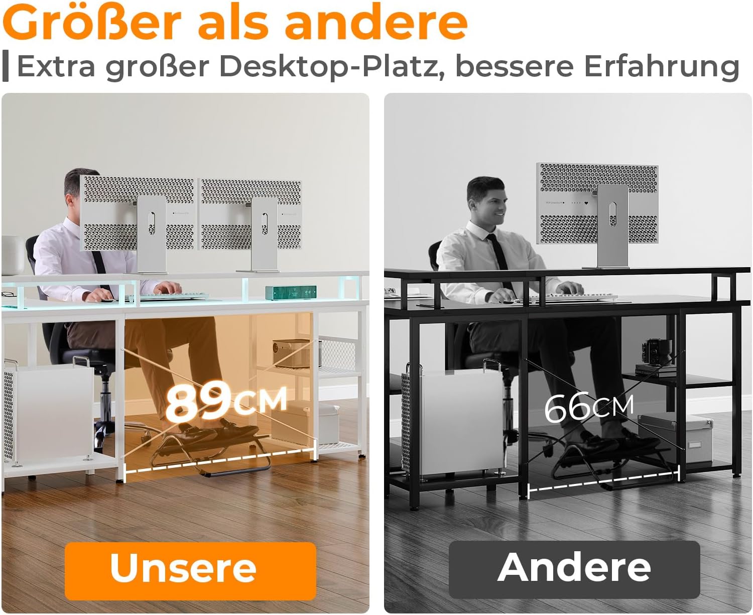 Close-up of the built-in power strip with 2 outlets and 2 USB ports, and examples of LED lighting colors.