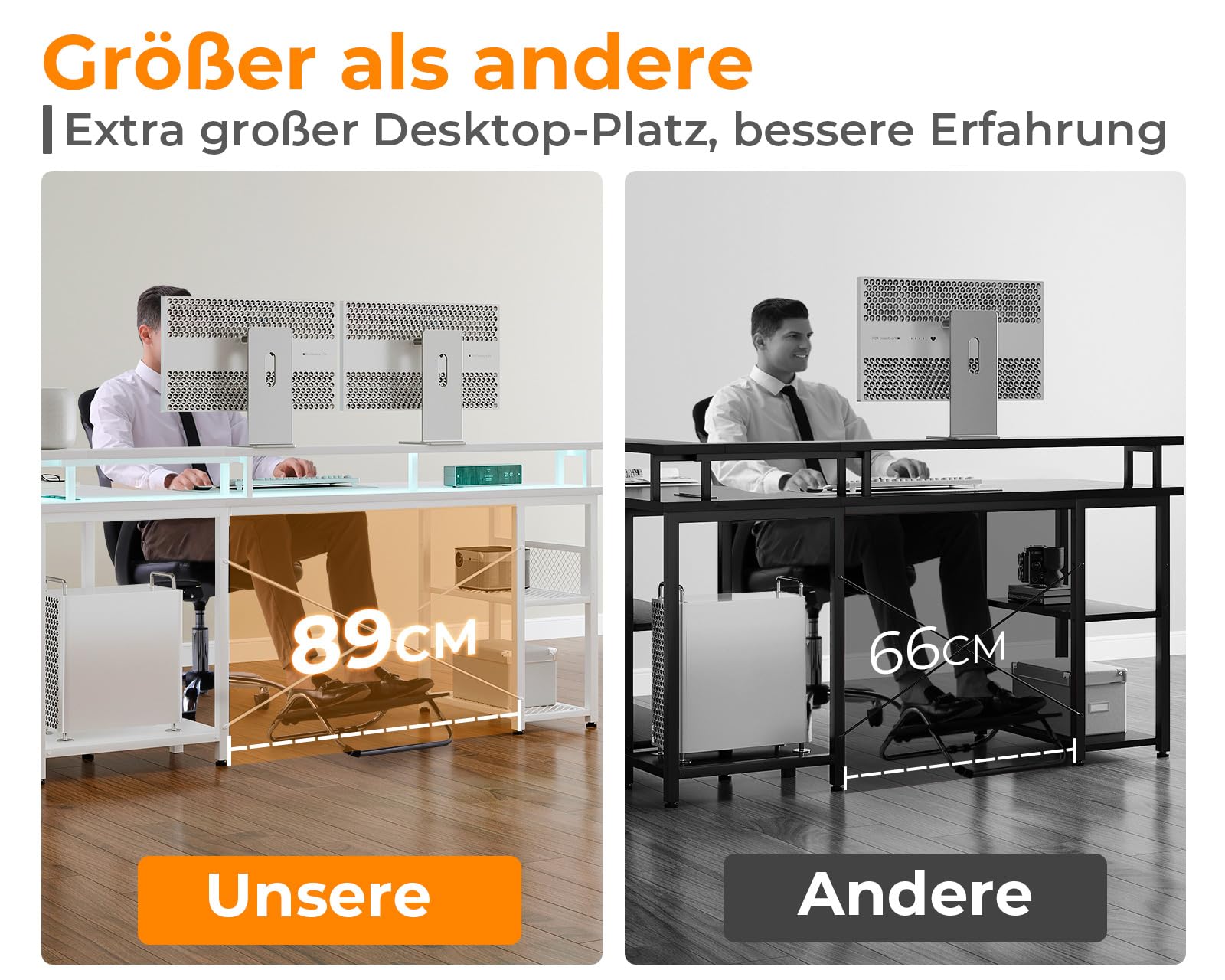 ODK Tavolo da gioco reversibile con LED, scrivania angolare 168×120 cm bianca con 2 prese e 2 porte di ricarica USB, tavolo angolare con ampio spazio di archiviazione, elegante e funzionale