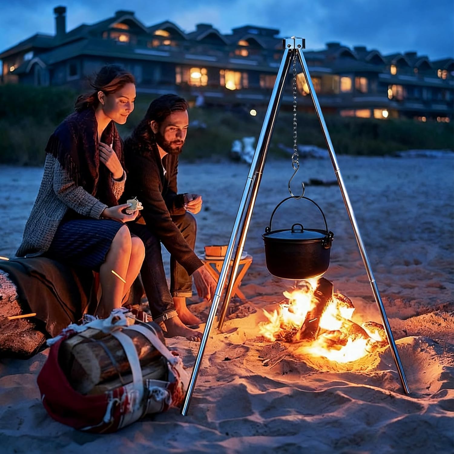 REDCAMP Barbecue pivotant avec grille de cuisson, chaînes réglables en hauteur en acier inoxydable, barbecue pivotant en acier inoxydable avec grille de cuisson ronde et sac de transport pour barbecue