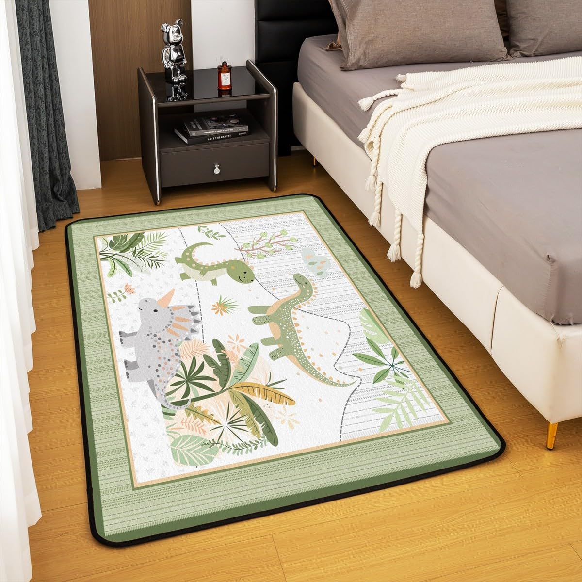 Feelyou Kids Cute Dinosaur Rugs for Living Room Bedroom Area Rug 5x7 Cartoon Dinosaur Indoor Floor Mat for Boys Girls Teens Green Grey Accent Rug Coconut Plant Decorative Rug
