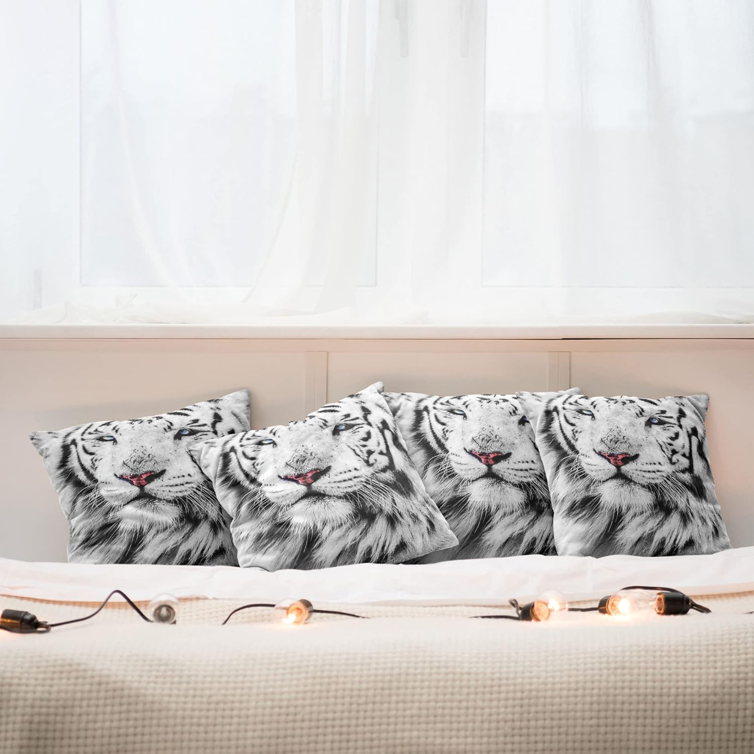 Ambesonne Safari Decorative Throw Pillow Case Pack of 4, White Tiger Wintertime Rare Animal Portrait Eyes Calm Noble Beast Photography, Cushion Cover for Couch Living Room Car, 20", Black White