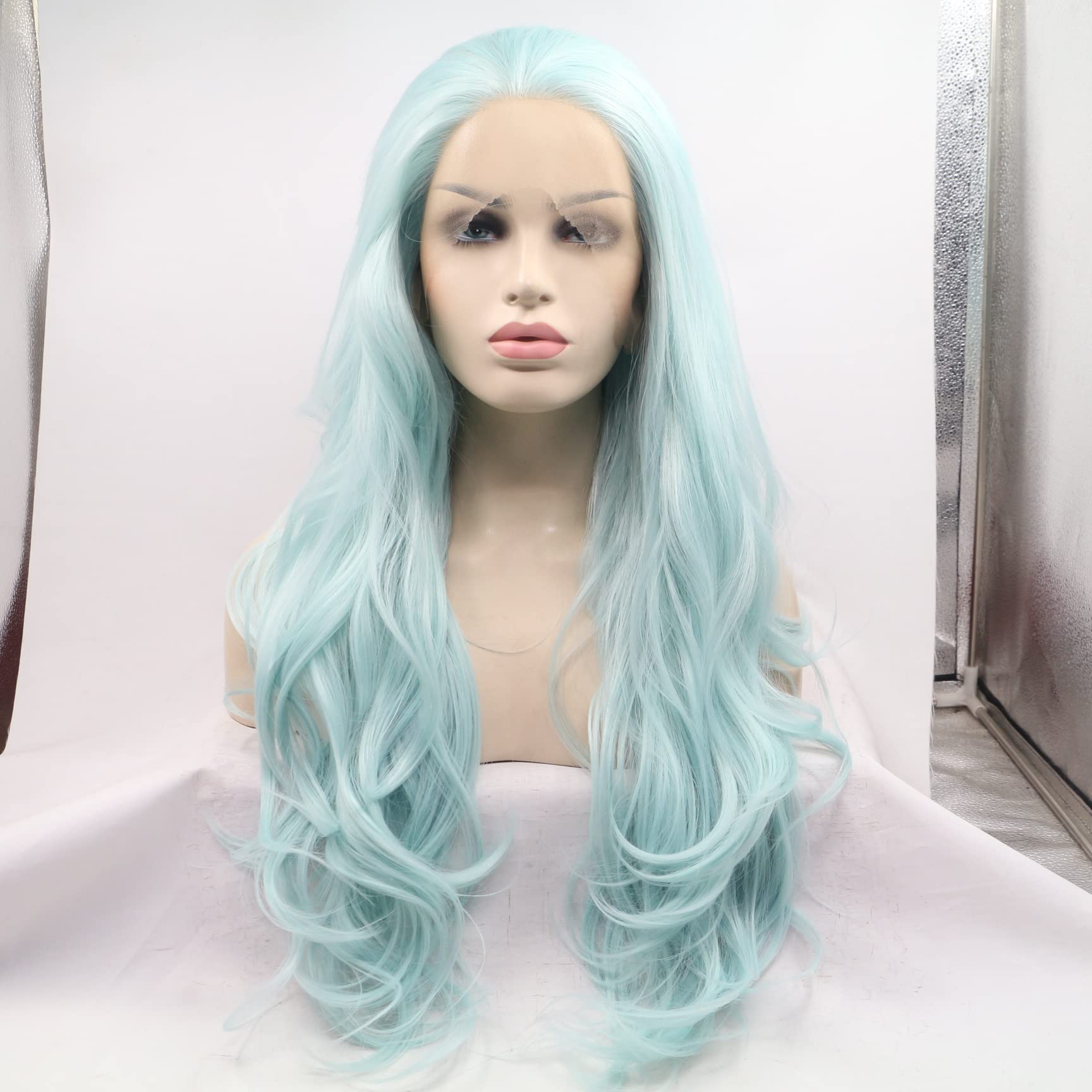 xiweiya Mixed Blue Green Lace Front Wig Natural Blue Long Body Wavy Synthetic Full Wig T Part Lace Middle Part Heat Resistant Fiber for Women 24inch…