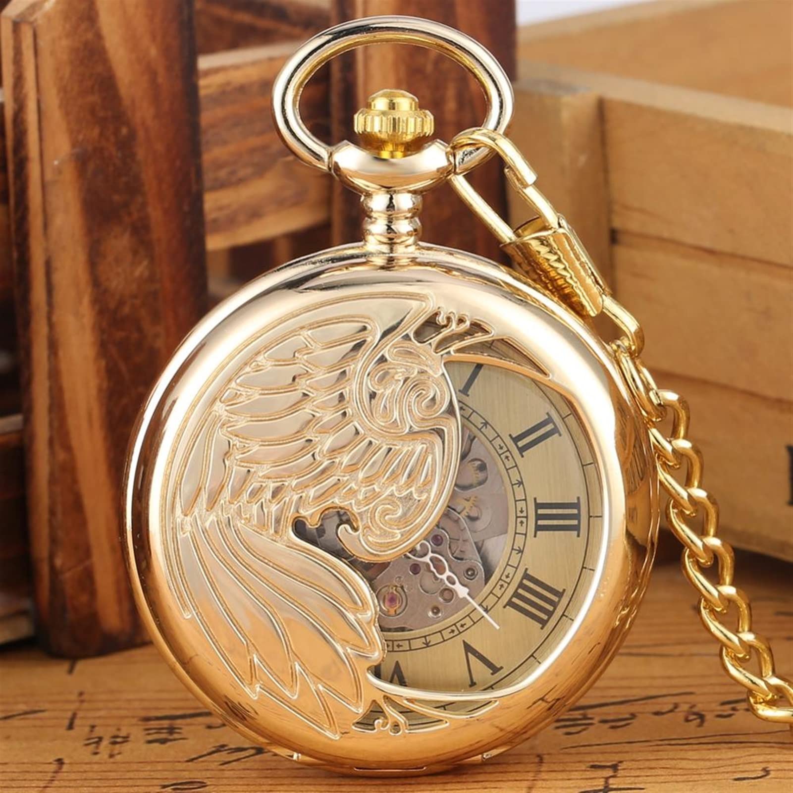 Złoty zegarek kieszonkowy Phoenix Automatic Mechanical Classic Steampunk z automatycznym naciągiem i łańcuszkiem, biżuteria, prezent na ukończenie szkoły
