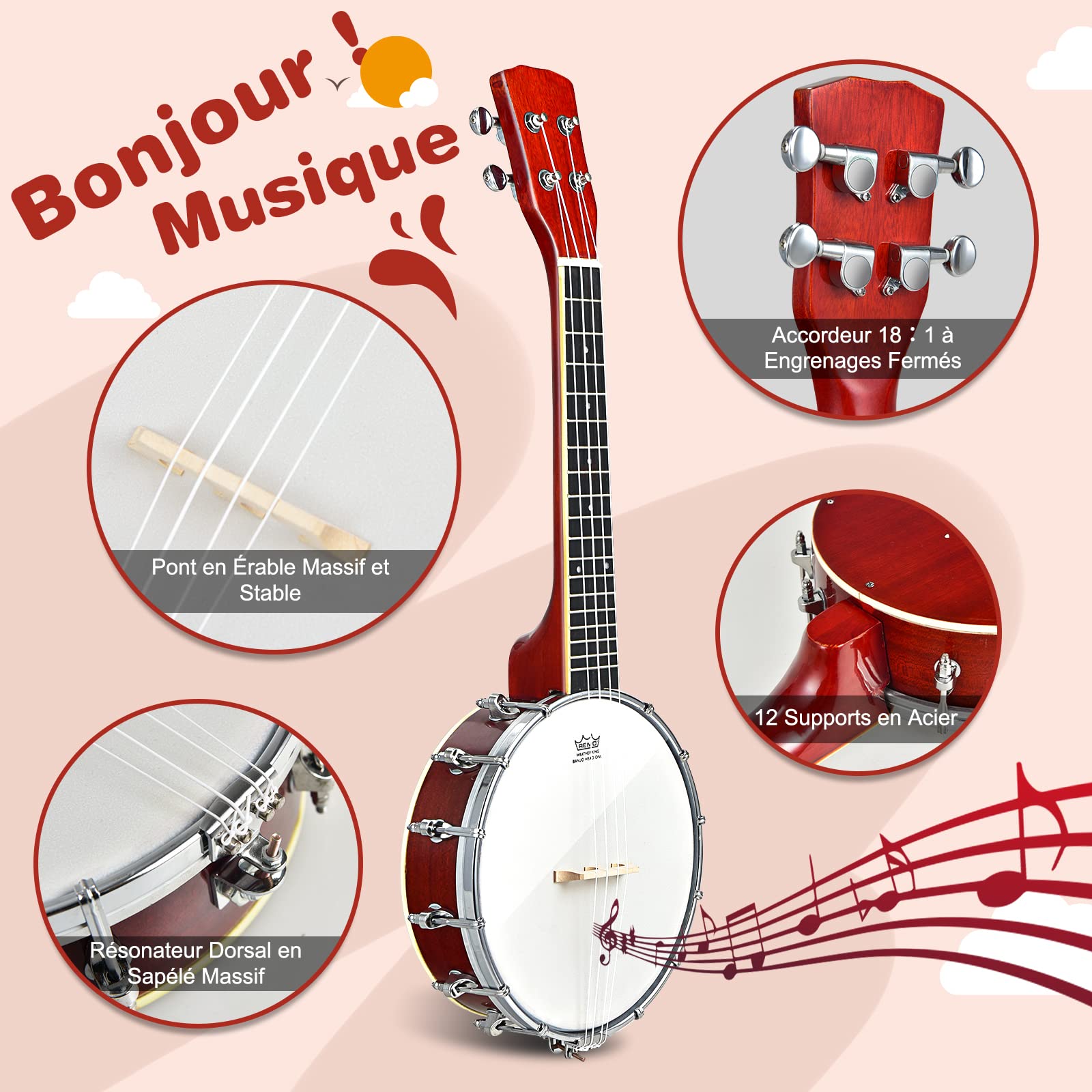 COSTWAY Banjo 4 Cordes avec Tambour Remo et 12 Supports en Acier, Mini Banjo Portable avec Pont en Erable, Accordeur 18:1, Sac de Transport, 62cm pour Débutants et Enfants