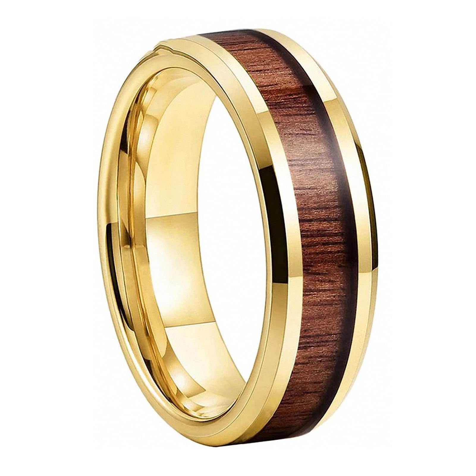 Nature Koa Wood Inlay Gold Rose Gold Black Silvery 6 mm Tungsten Carbide Wedding Ring Beveled Edges Polished Comfort Fit Gold 6 mm 10.5