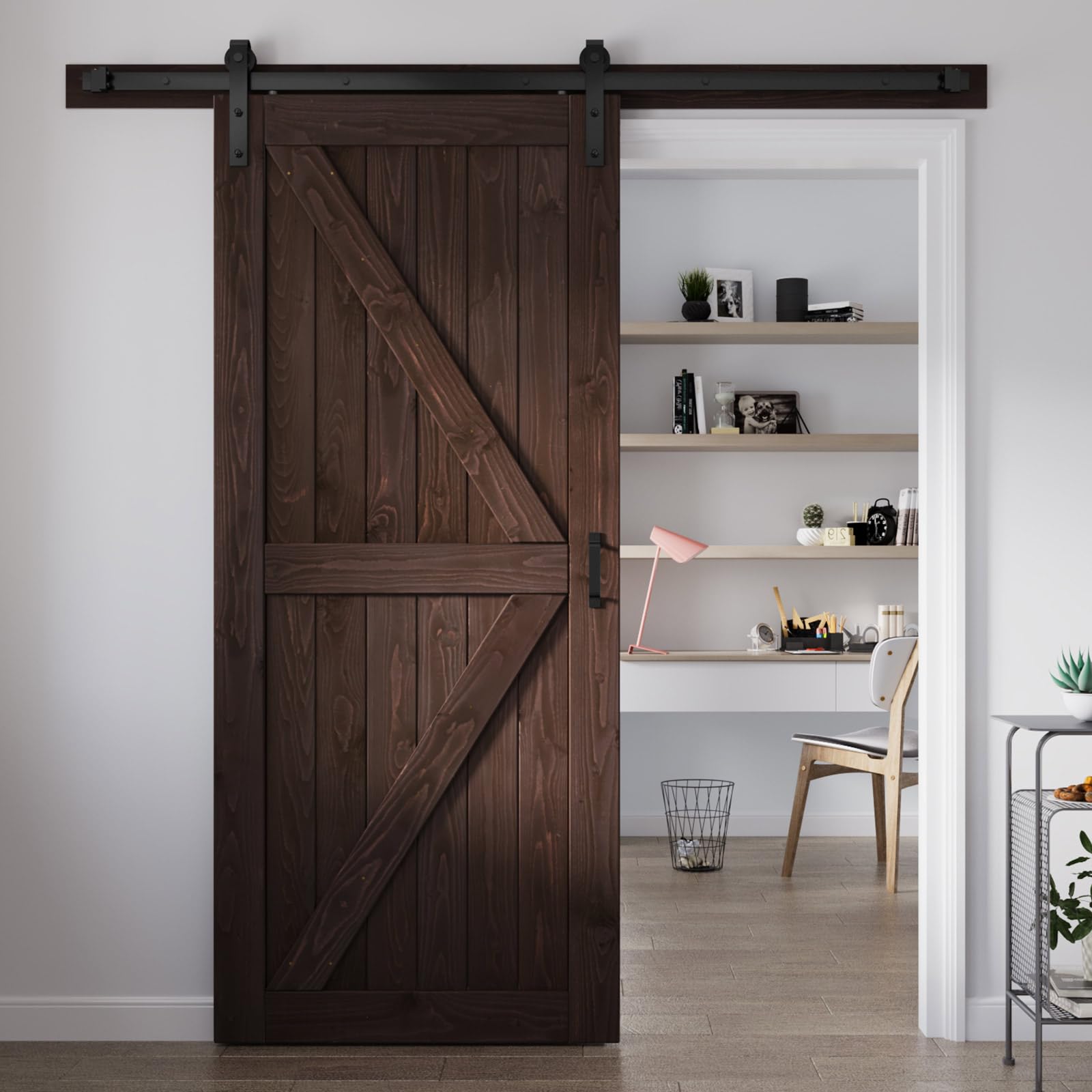 FREDBECK 34 x 84 Brown Wood Barn Door with Hardware Included,K-Frame,Coffee