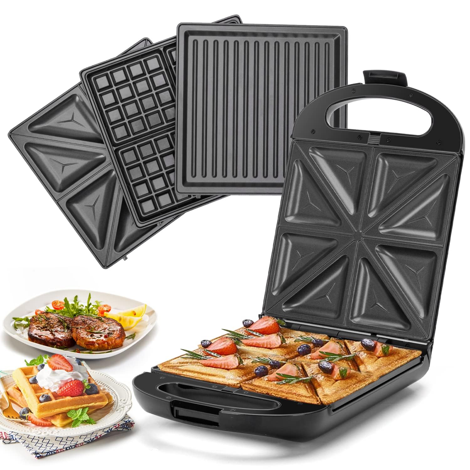 Taylor Swoden Bruno - 3 en 1 : appareil à sandwich, gaufrier, gril. 1200W, 0% BPA. Peut contenir 4 sandwichs, plaques antiadhésives, retournement à 180° pour une cuisson rapide et uniforme.
