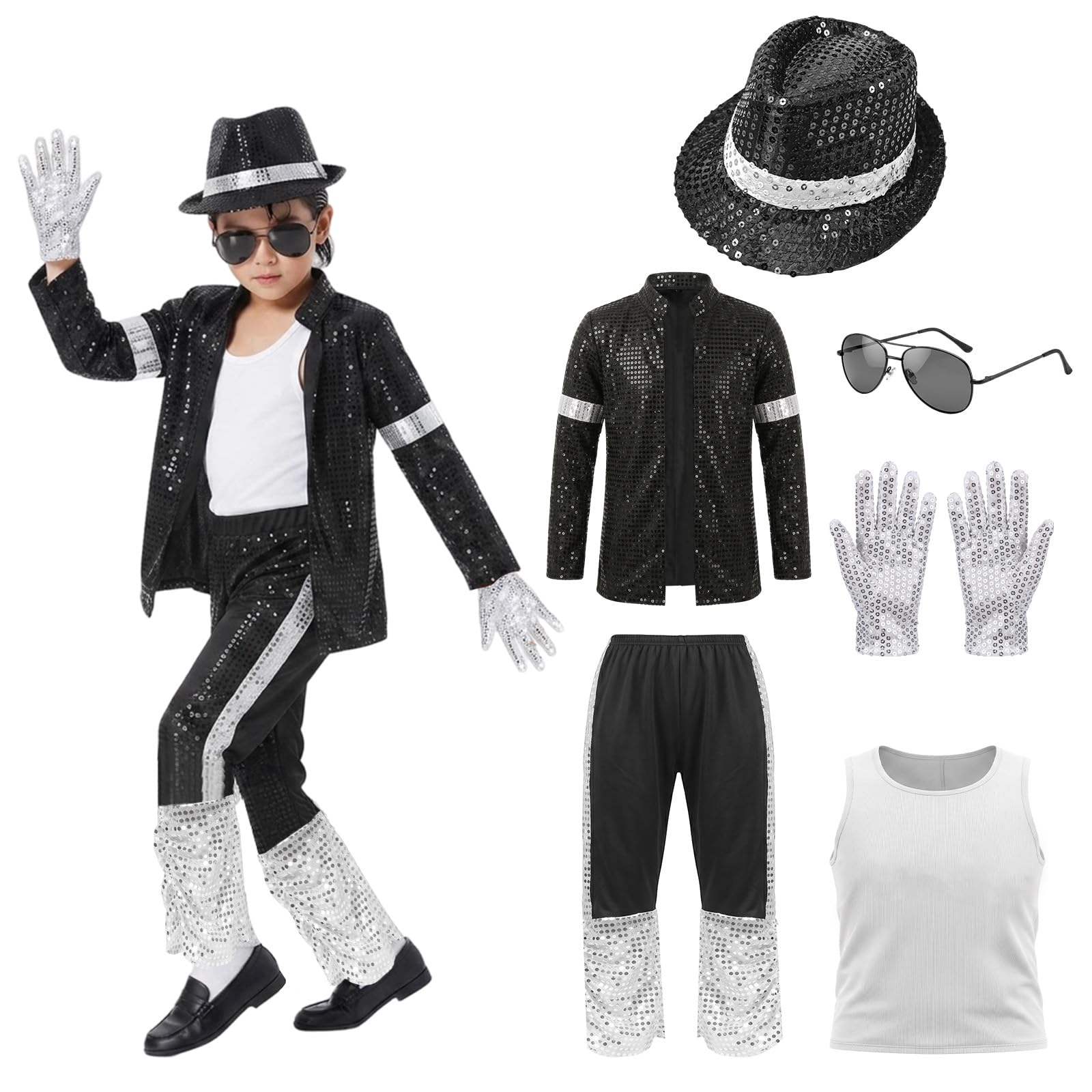 6Pcs Dance Star Costume for Kid, 80s 90s Pop Star Outfit for Boys Age 10-12