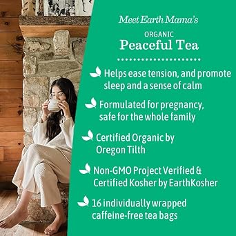 Earth Mama Organic PeacefulTM Tea | Stress Less! Calming, Relaxing Herbal Blend Safe for Pregnancy & Beyond, 16 Teabags Per Box (6-Pack)