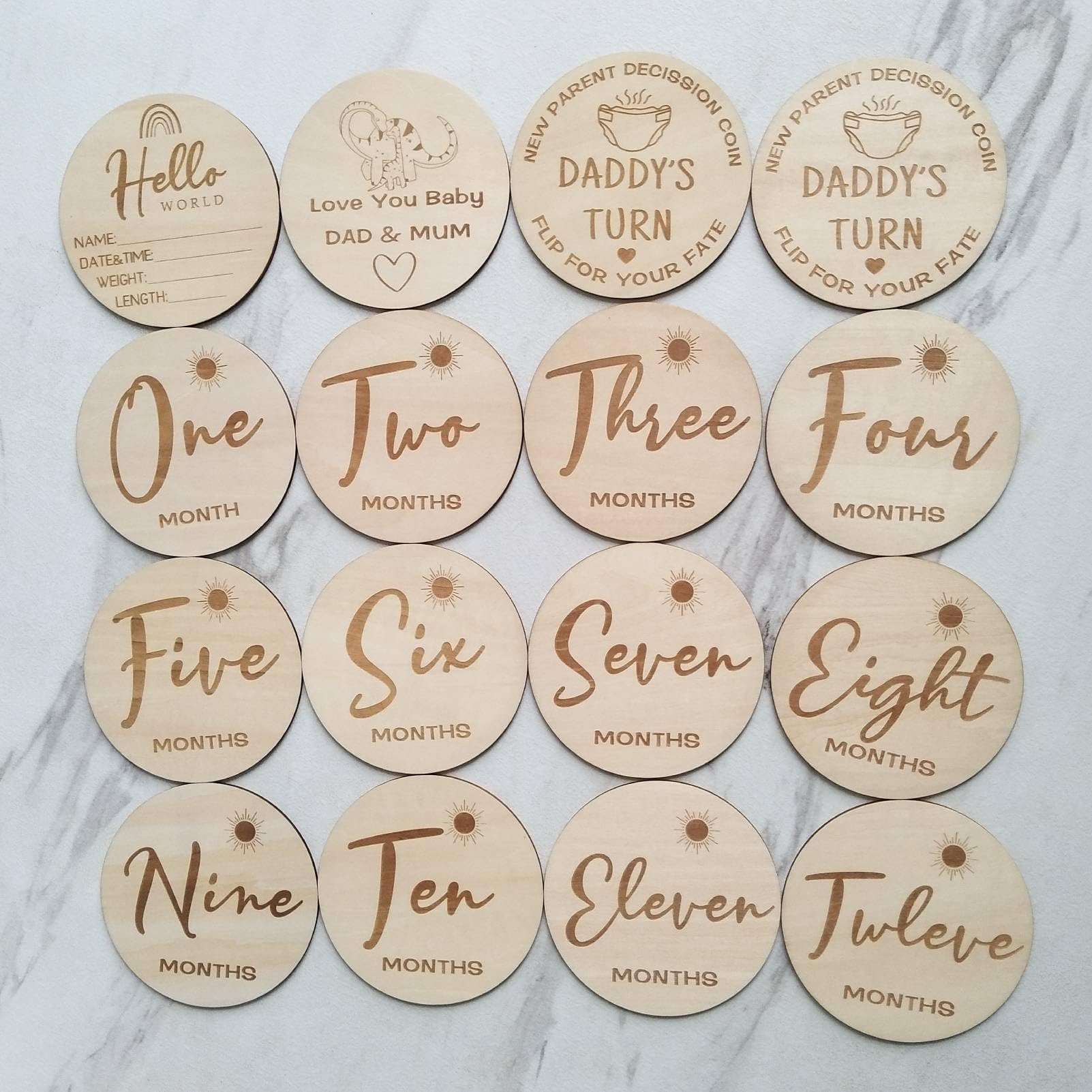Baby Monthly Milestone Marker Discs - Wooden Discs Reversible Photo Props for Baby Announcement and Milestones,8pcs 16 Sides 1-12 Month, Baby Announcement Cards,Neutral Gift for Newborn Boy and Girl