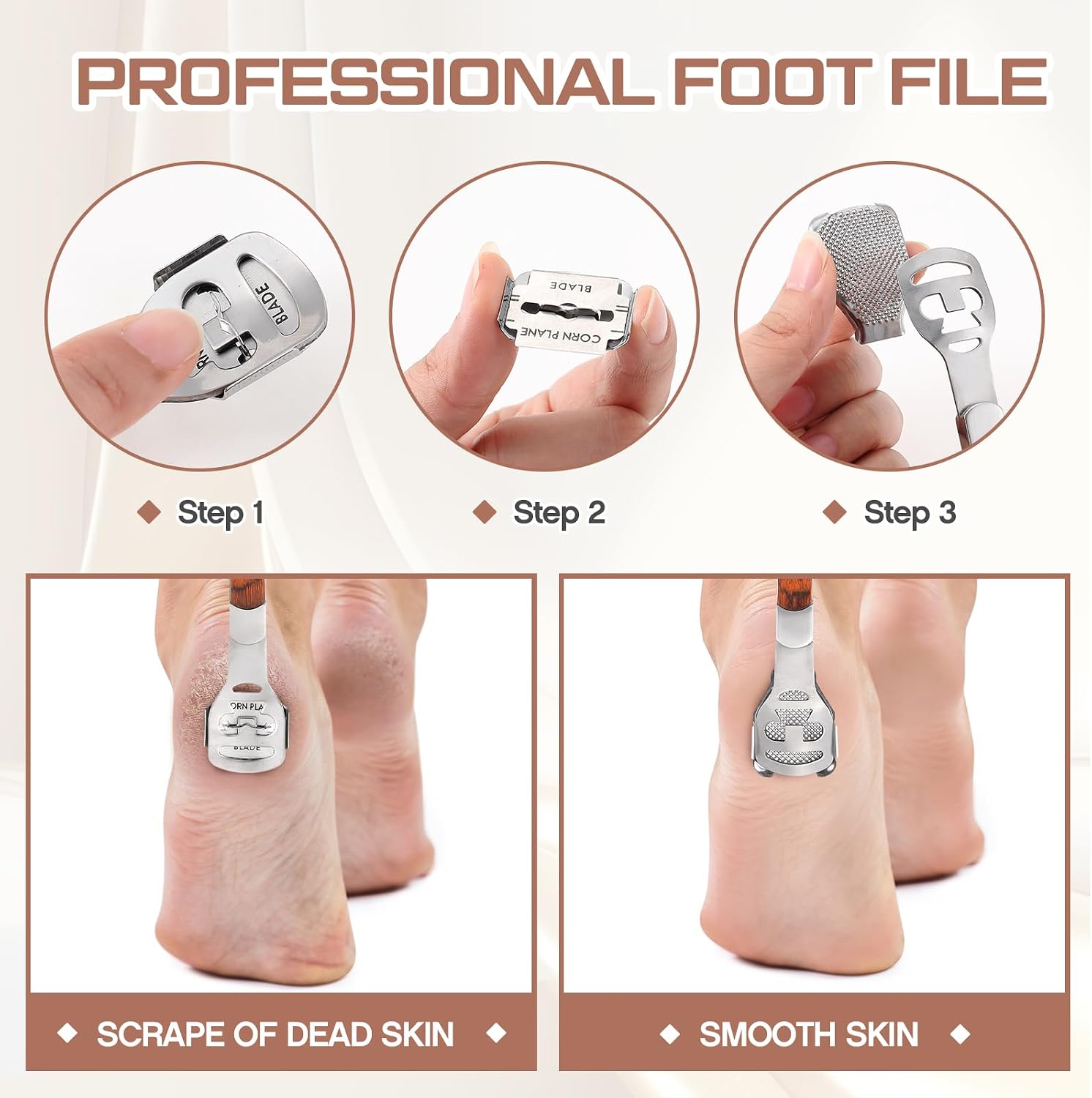 Moxweyeni 3 Pcs Professional Foot File Kit with 304 Stainless Steel Heads, Callus Remover for Feet, Pedicure Foot Scrubber and Shaver for Dead, Dry, Hardened Skin, Home Pedicure(Set C,Brown)