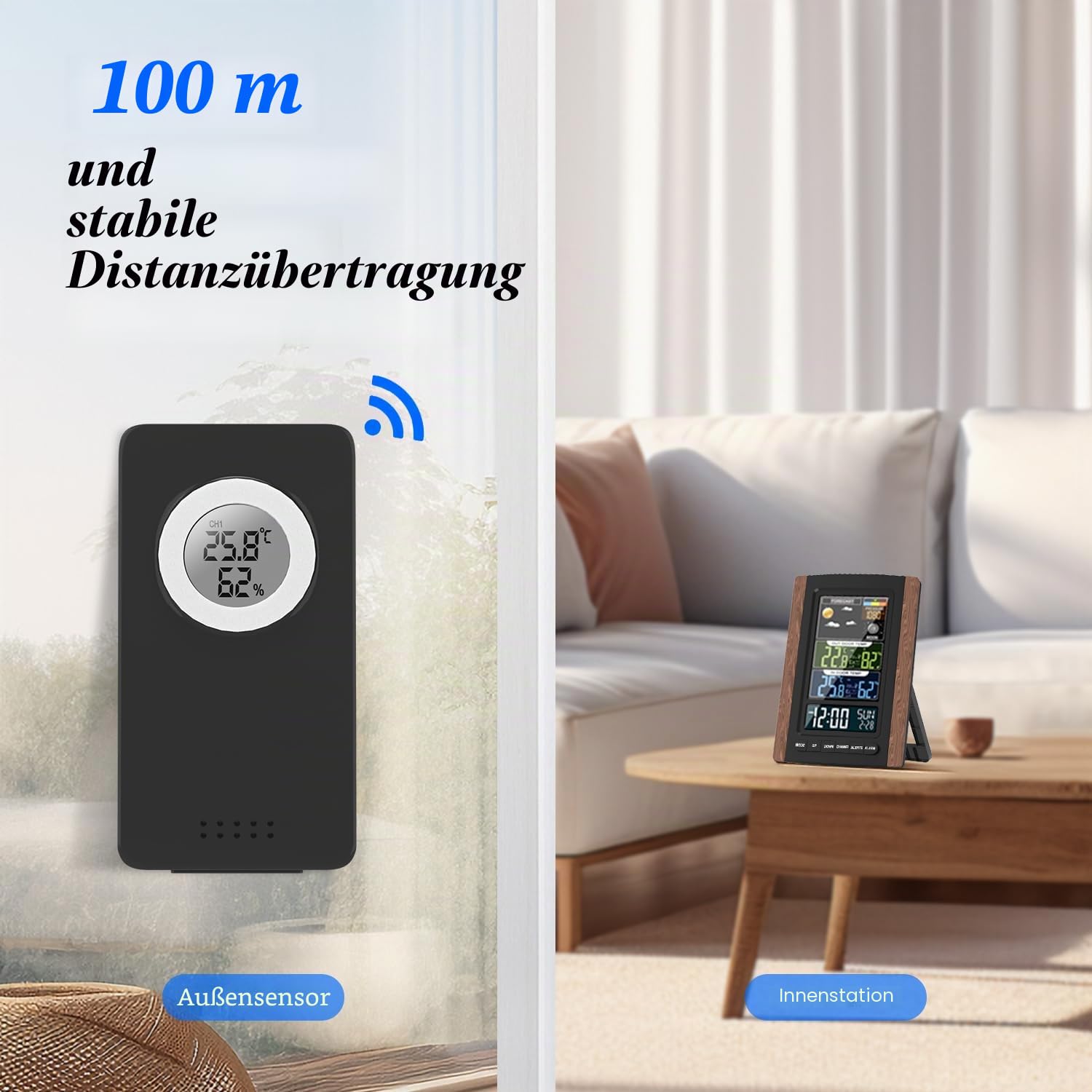 Wetterstation Funk mit Außensensor, Farbdisplay, Wettervorhersage, Temperatur, Luftfeuchtigkeit, Wecker mit Schlummerfunktion, Luftdruck,100m Übertragungsentfernung, für Innen und Außen