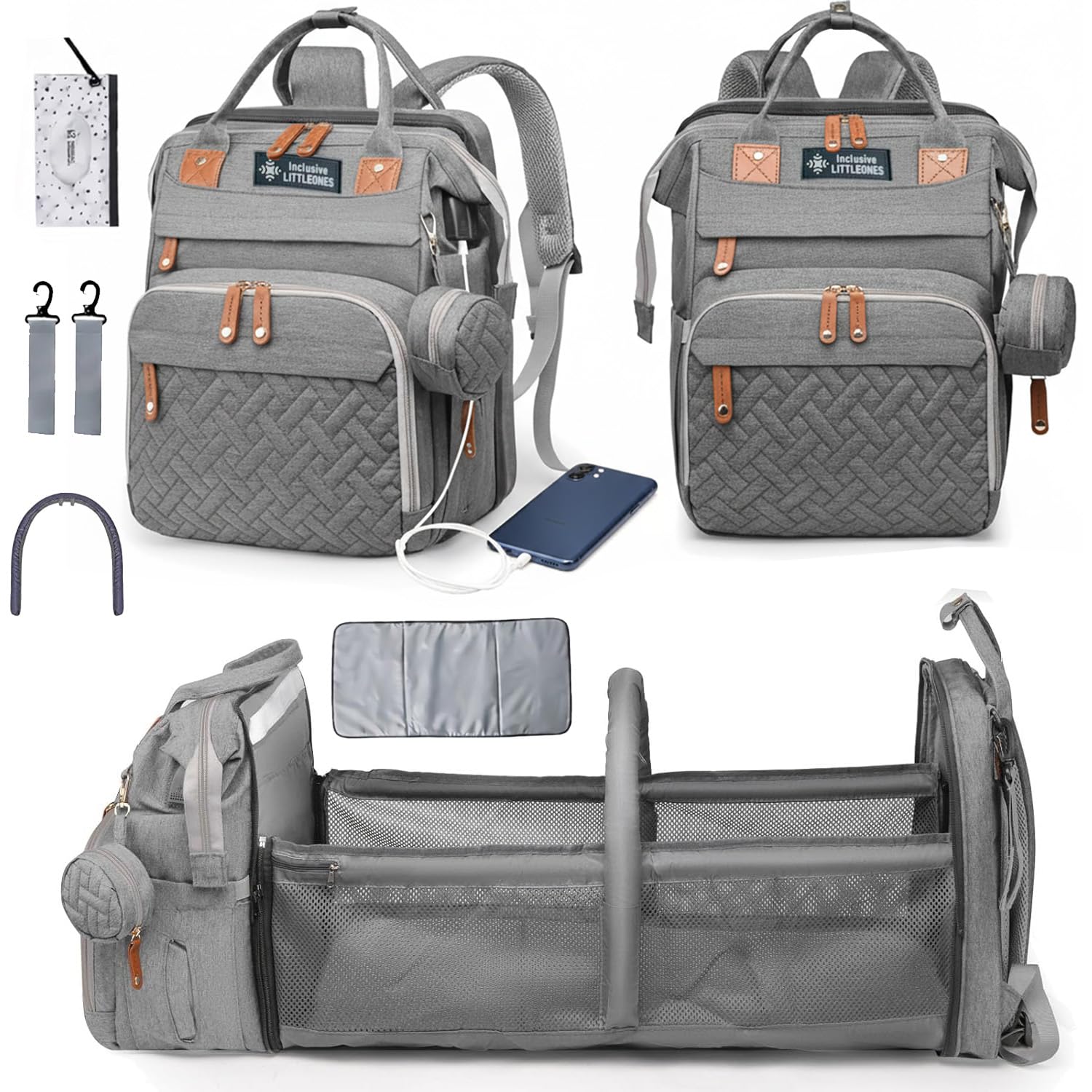 Inclusive LittleOnes Baby Diaper Bag Backpack with Changing Station, Large Capacity, USB Port, Pacifier Case, Mosquito Net & Wipes Bag Stylish Travel